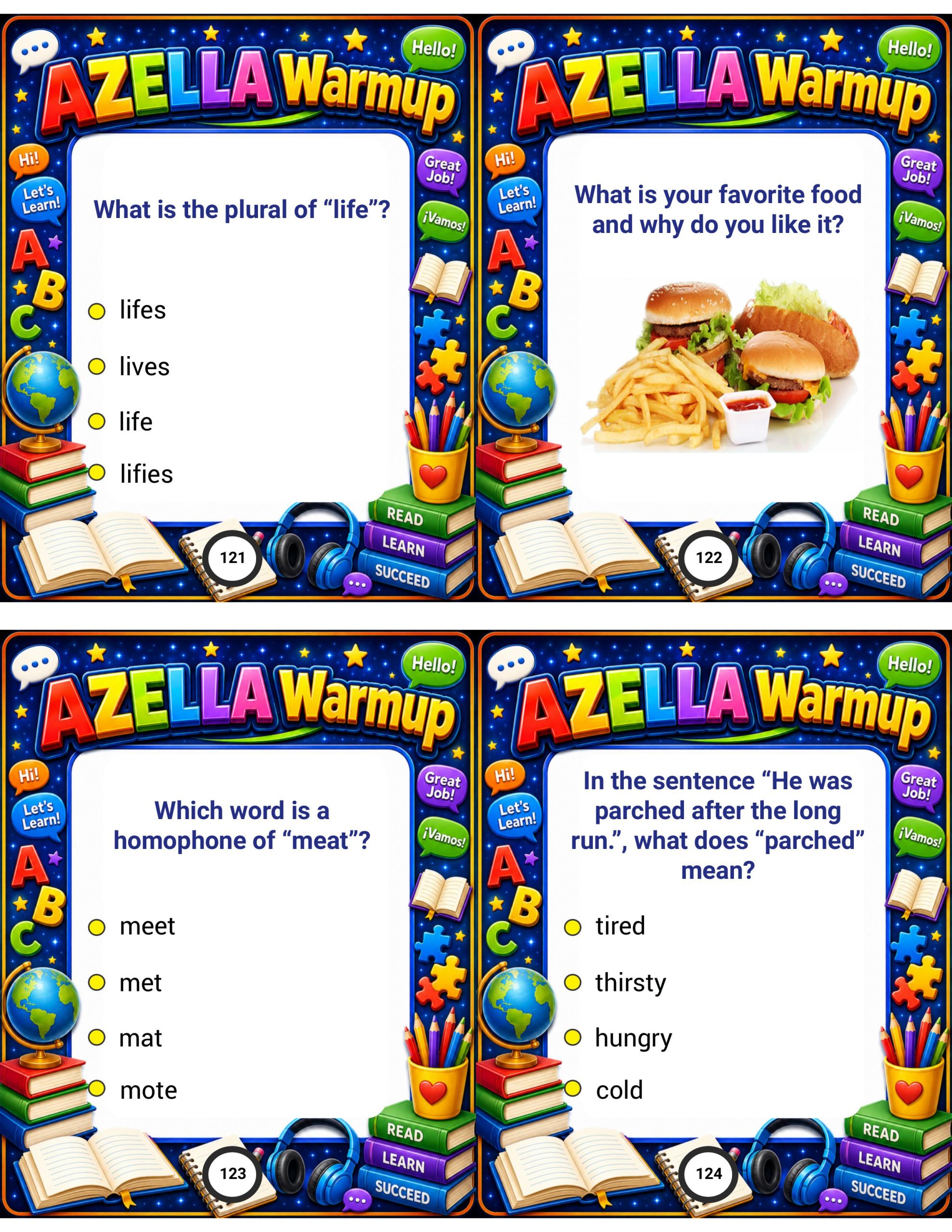 AZELLA Test Prep Cards | 250 English Language Practice Questions + Answers