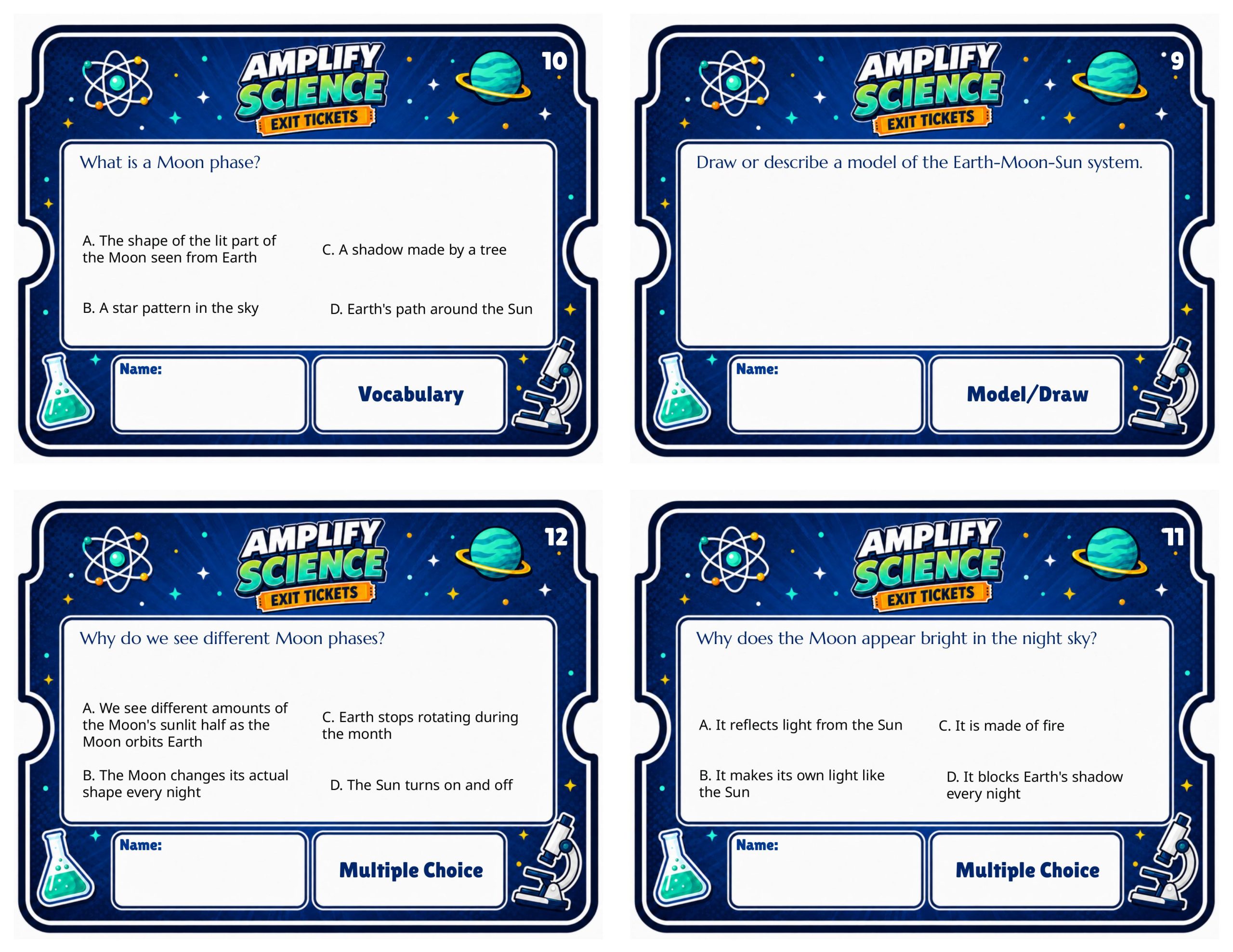 Grade 6 Earth, Moon, and Sun Exit Tickets | 36 Quick Checks + Answers