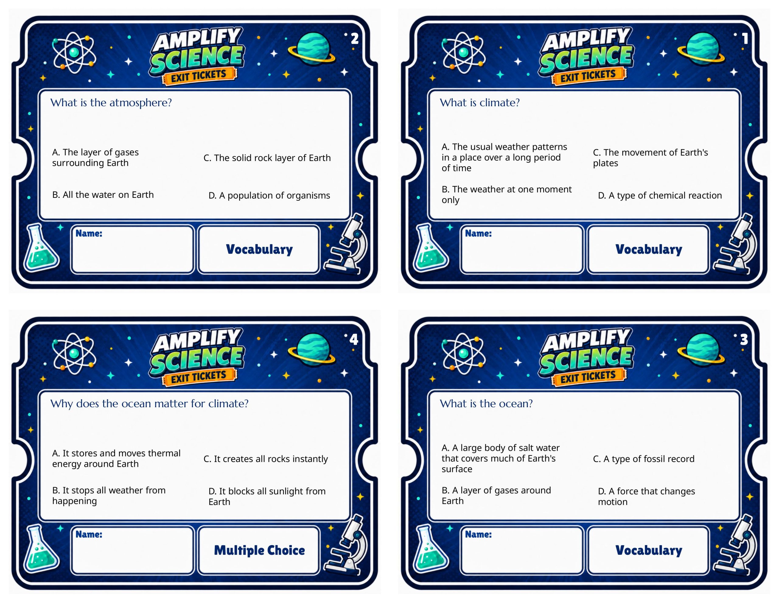 Grade 6 Ocean, Atmosphere, and Climate Exit Tickets | 36 Quick Checks