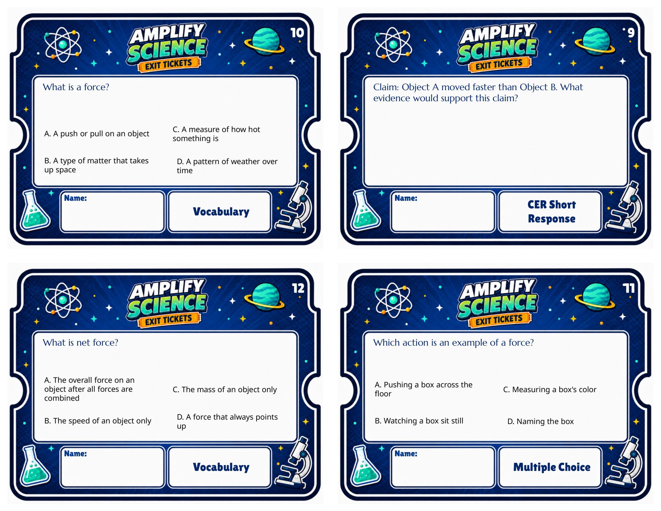 Grade 7 Force and Motion Exit Tickets | 36 Quick Checks + Answers