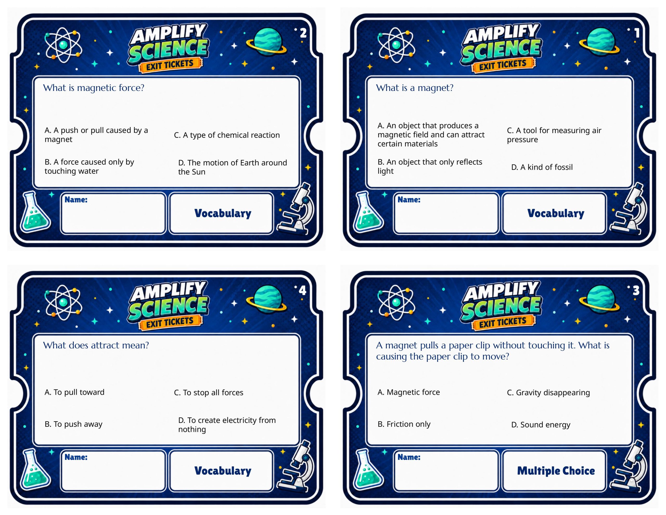 Grade 7 Magnetic Fields Exit Tickets | 36 Quick Checks + Answers