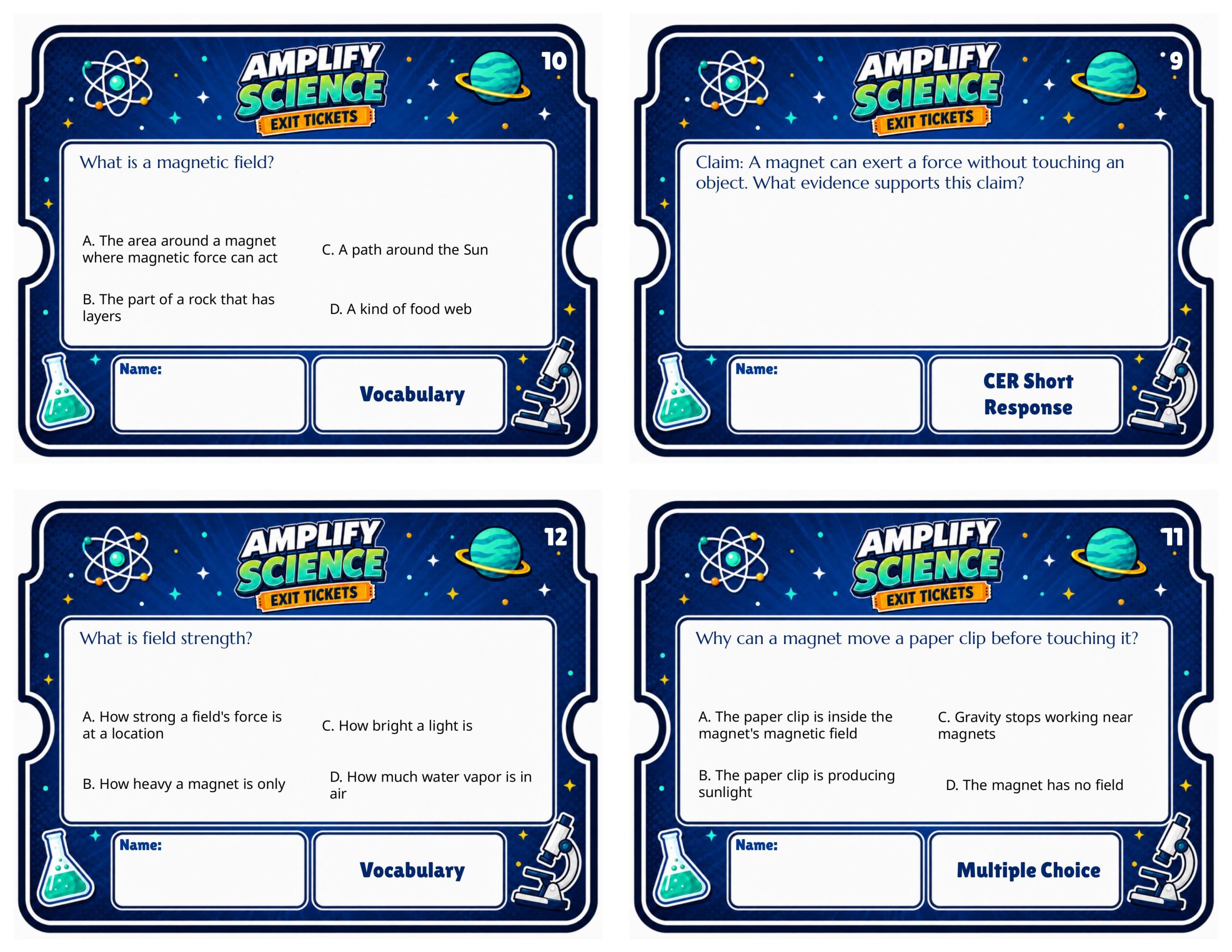 Grade 7 Magnetic Fields Exit Tickets | 36 Quick Checks + Answers