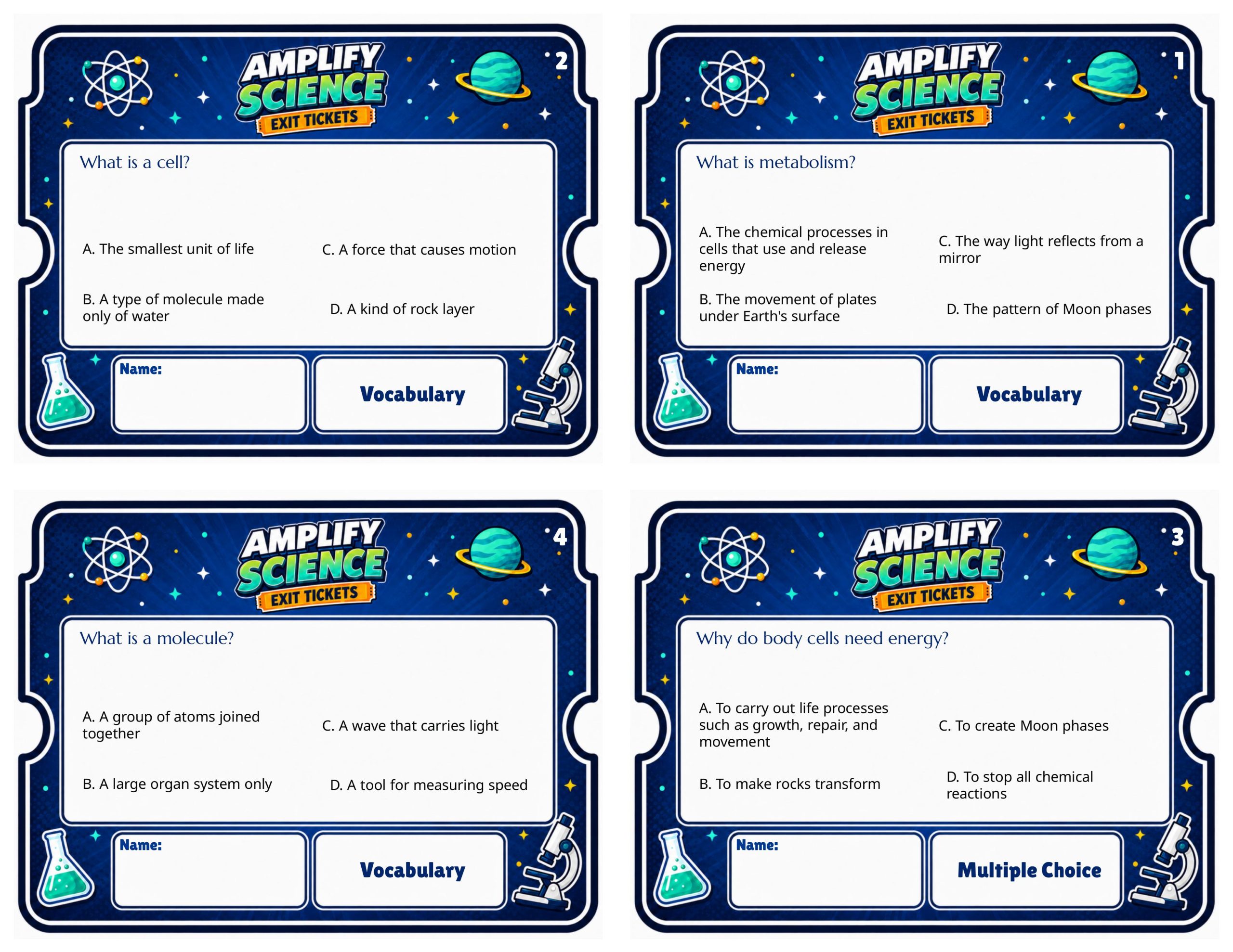 Grade 7 Metabolism Exit Tickets | 36 Quick Checks + Answers
