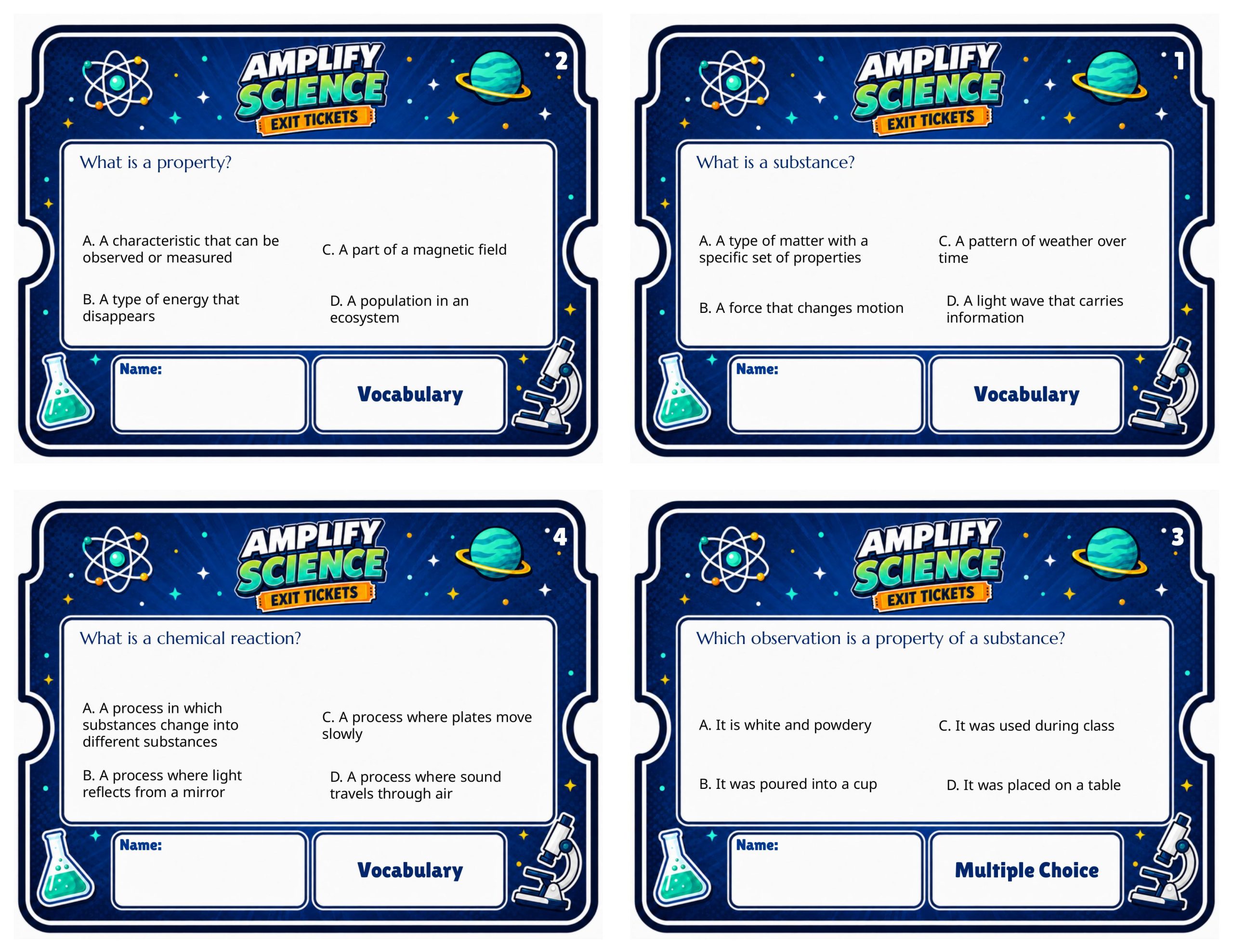 Grade 8 Chemical Reactions Exit Tickets | 36 Quick Checks + Answers