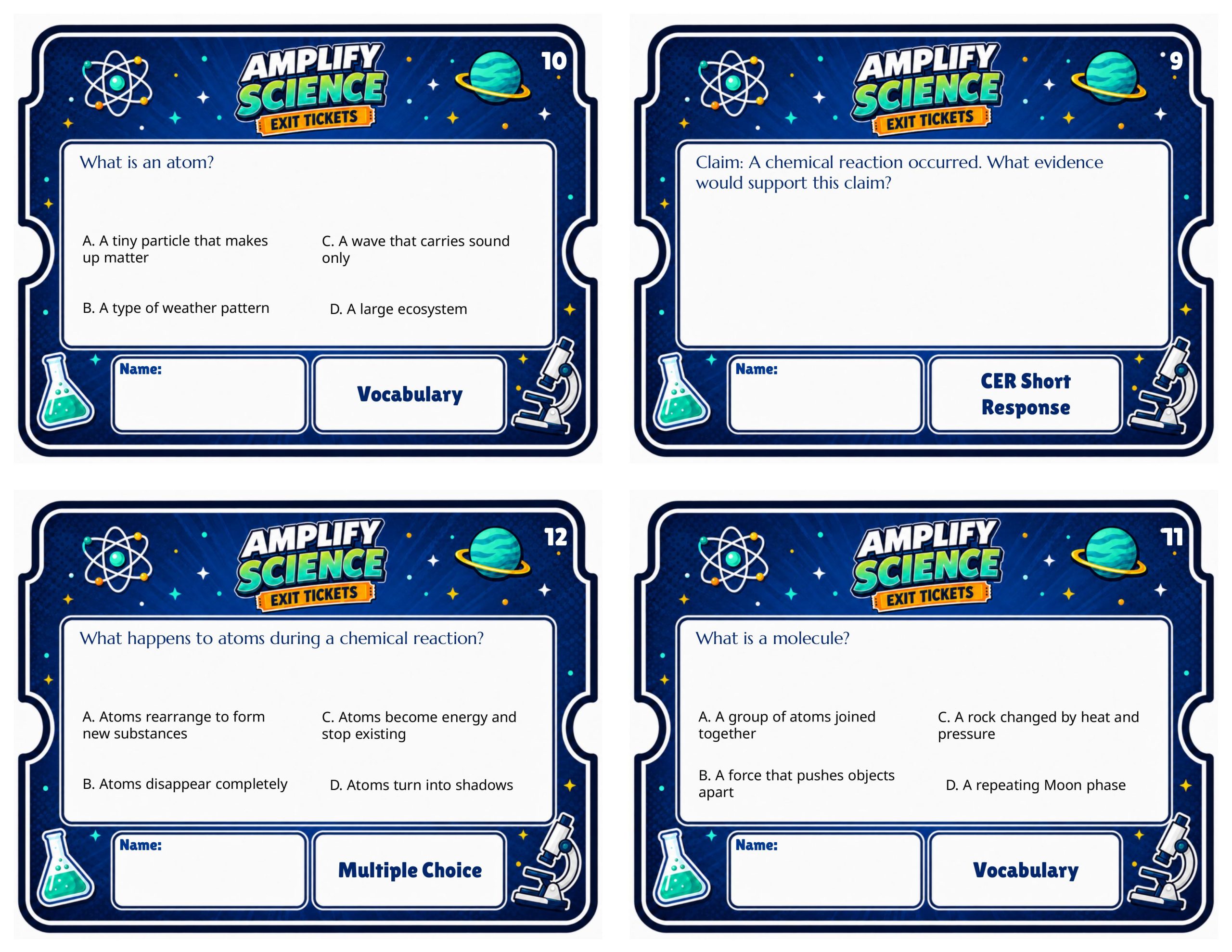 Grade 8 Chemical Reactions Exit Tickets | 36 Quick Checks + Answers