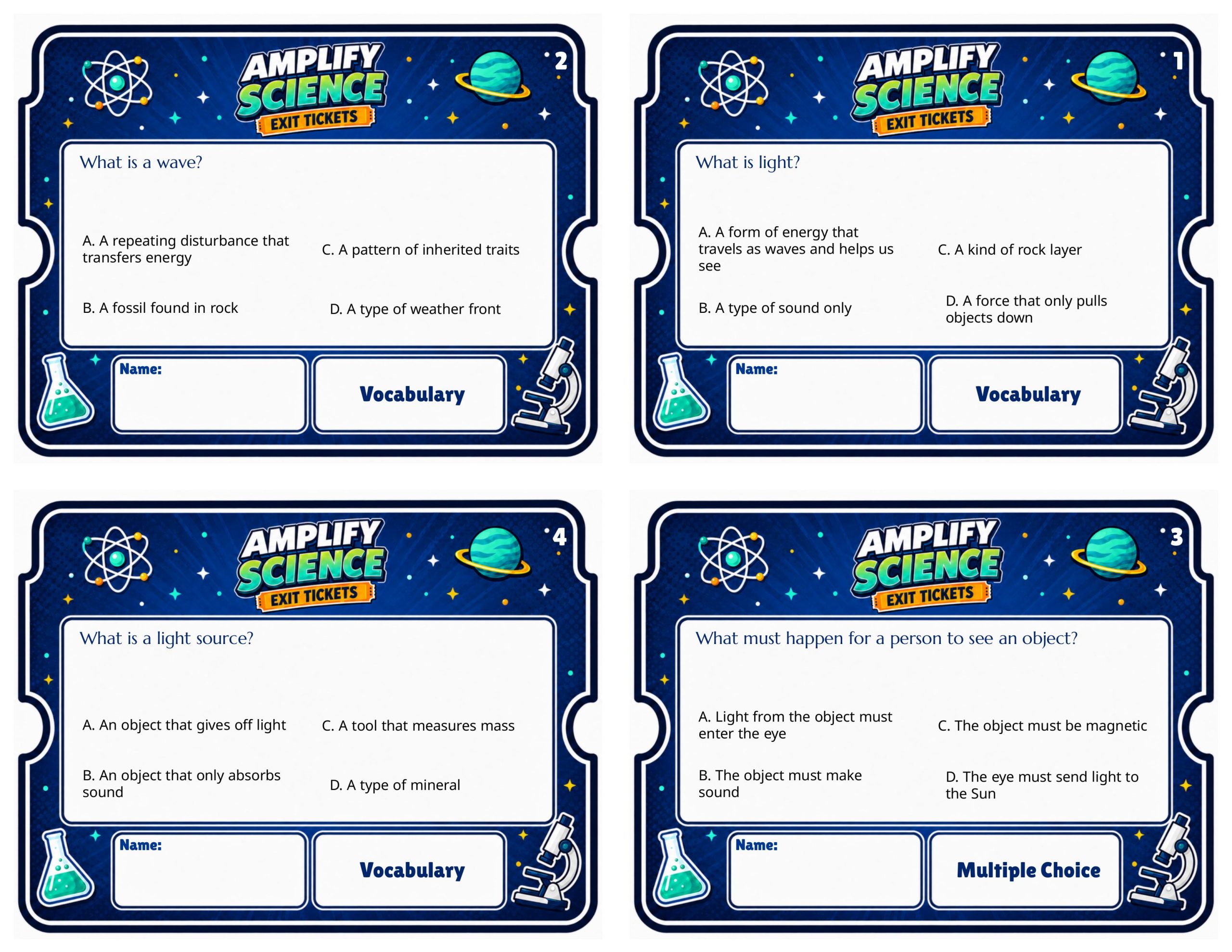 Grade 8 Light Waves Exit Tickets | 36 Quick Checks + Answers