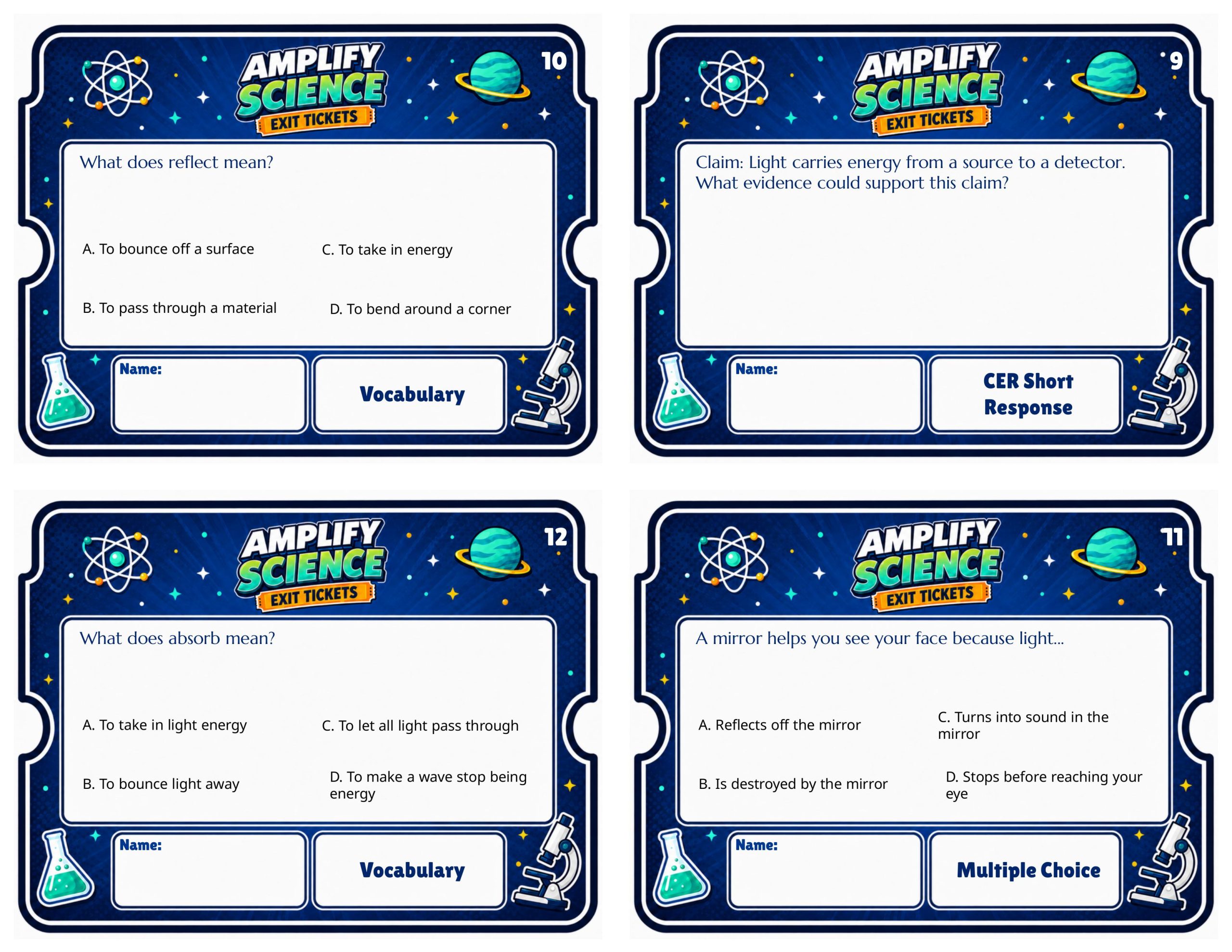 Grade 8 Light Waves Exit Tickets | 36 Quick Checks + Answers