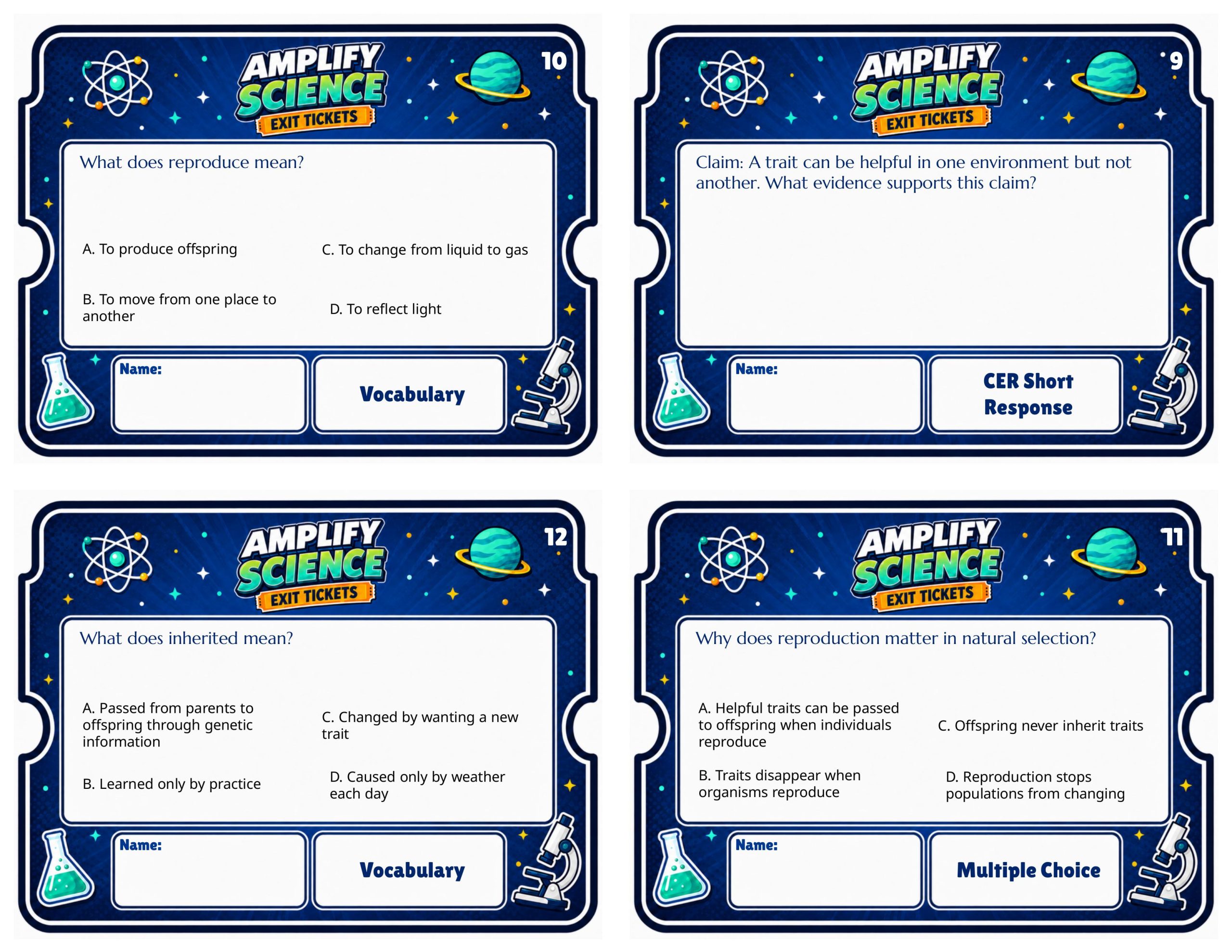 Grade 8 Natural Selection Exit Tickets | 36 Quick Checks + Answers