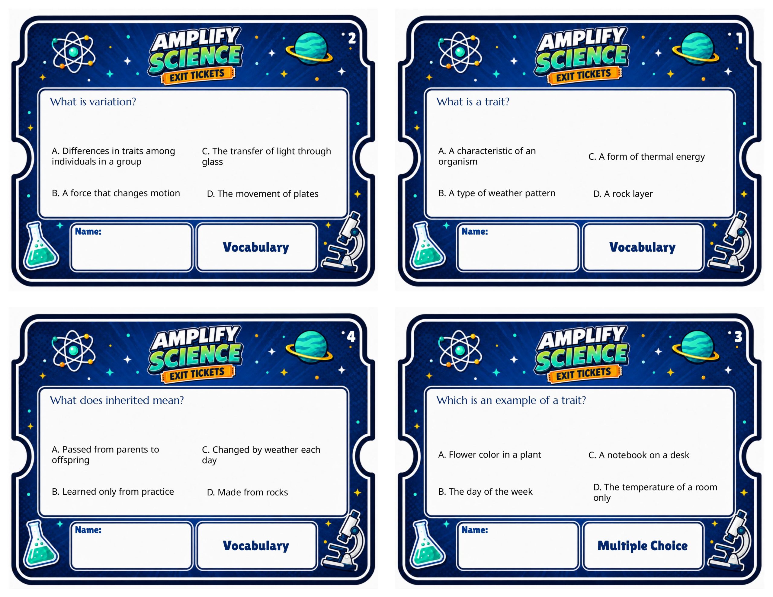 Grade 8 Traits and Reproduction Exit Tickets | 36 Quick Checks + Answers