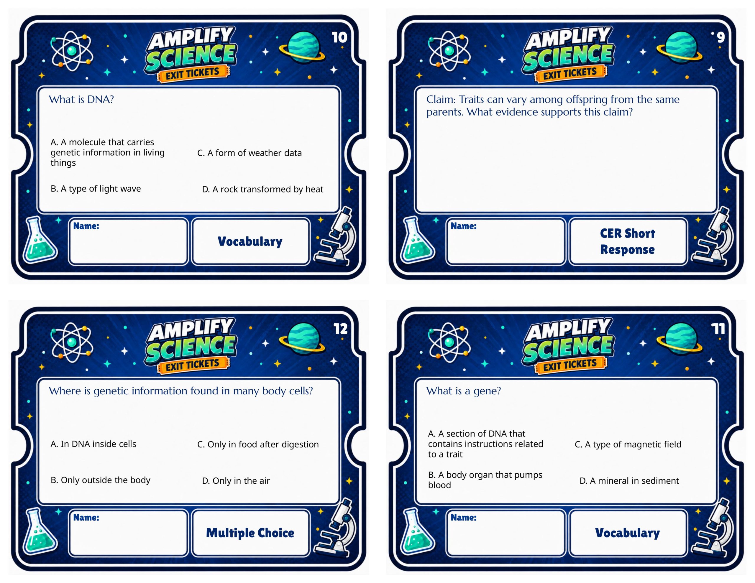 Grade 8 Traits and Reproduction Exit Tickets | 36 Quick Checks + Answers