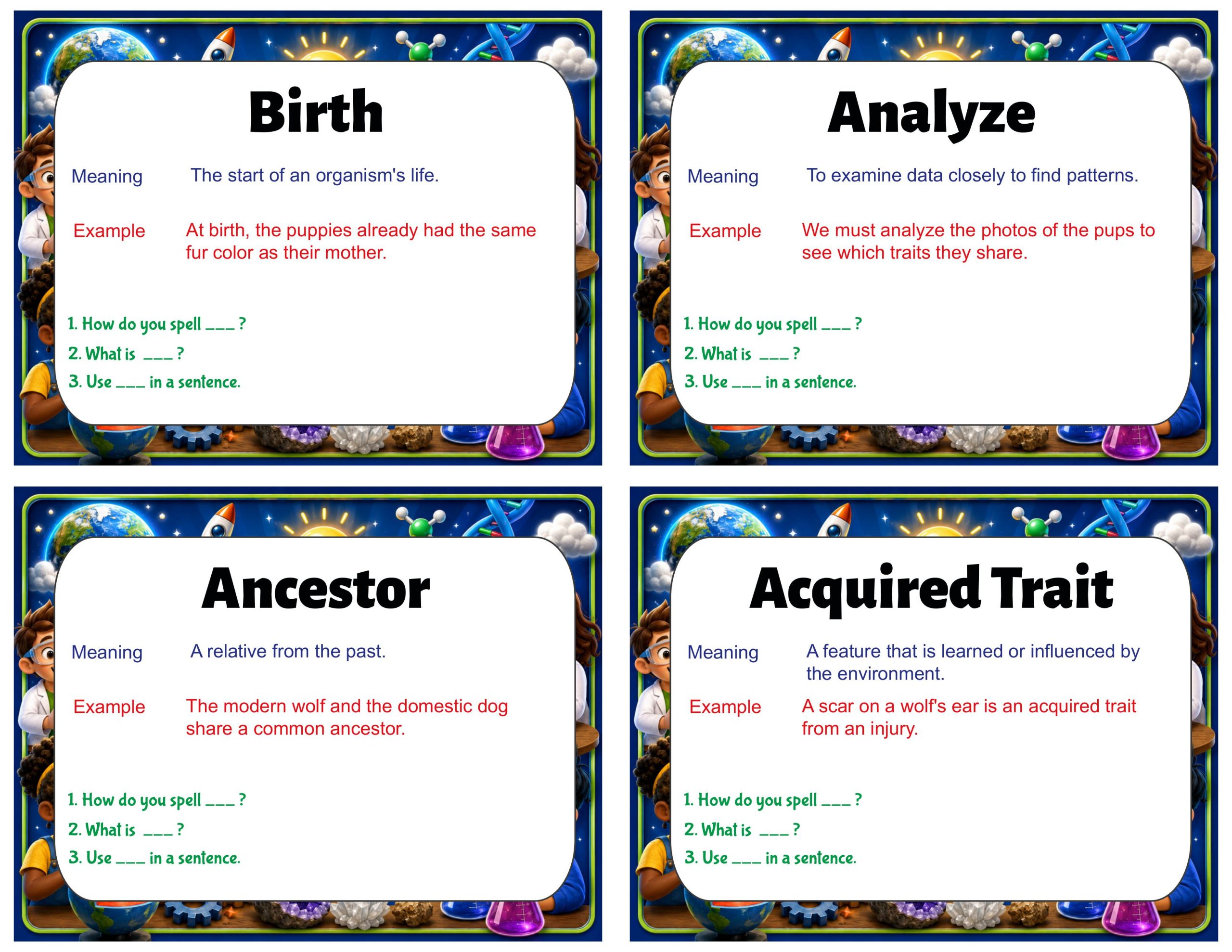 Grade 3 Science Vocabulary Cards | Inheritance and Traits | Heredity & Genetics Vocabulary