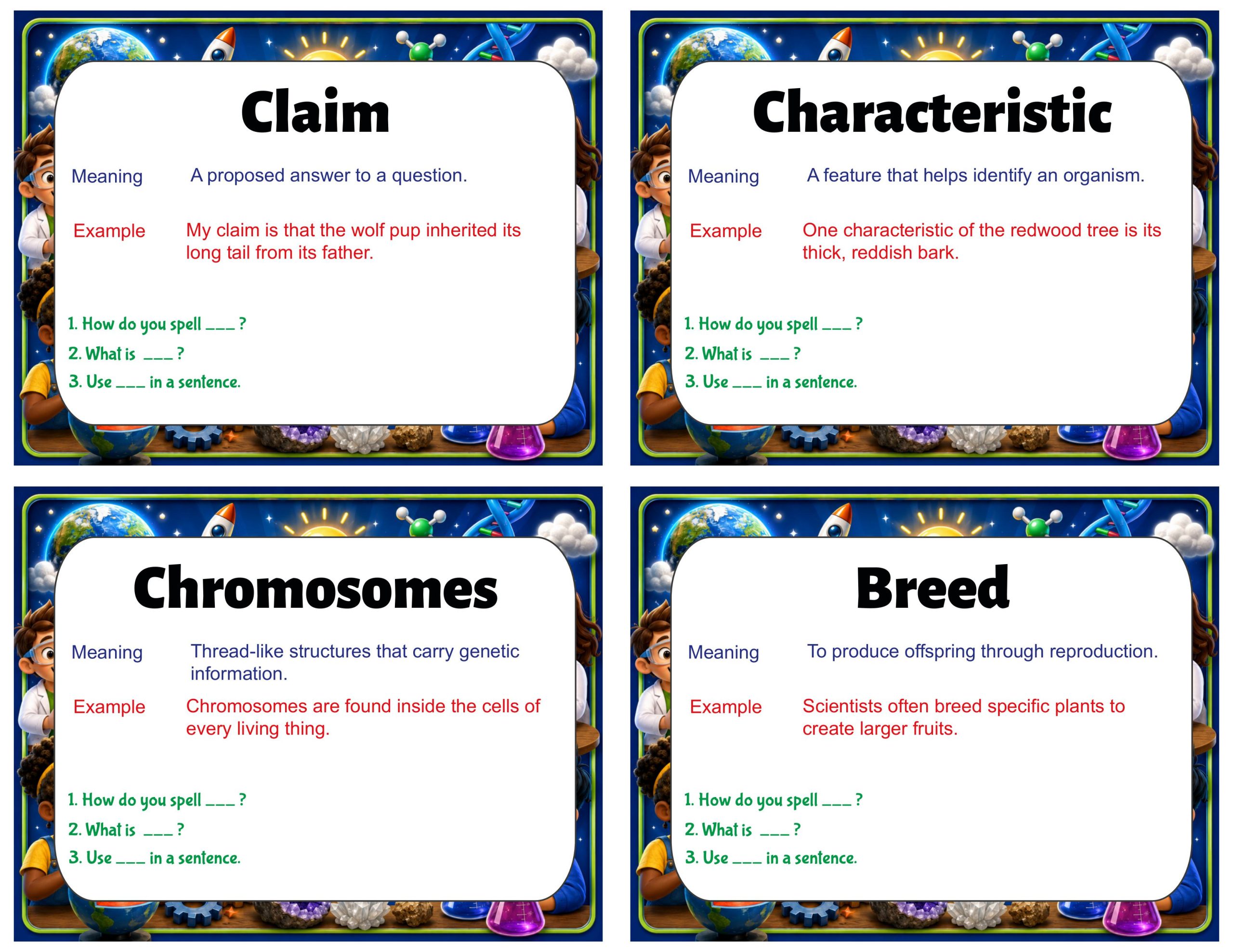 Grade 3 Science Vocabulary Cards | Inheritance and Traits | Heredity & Genetics Vocabulary