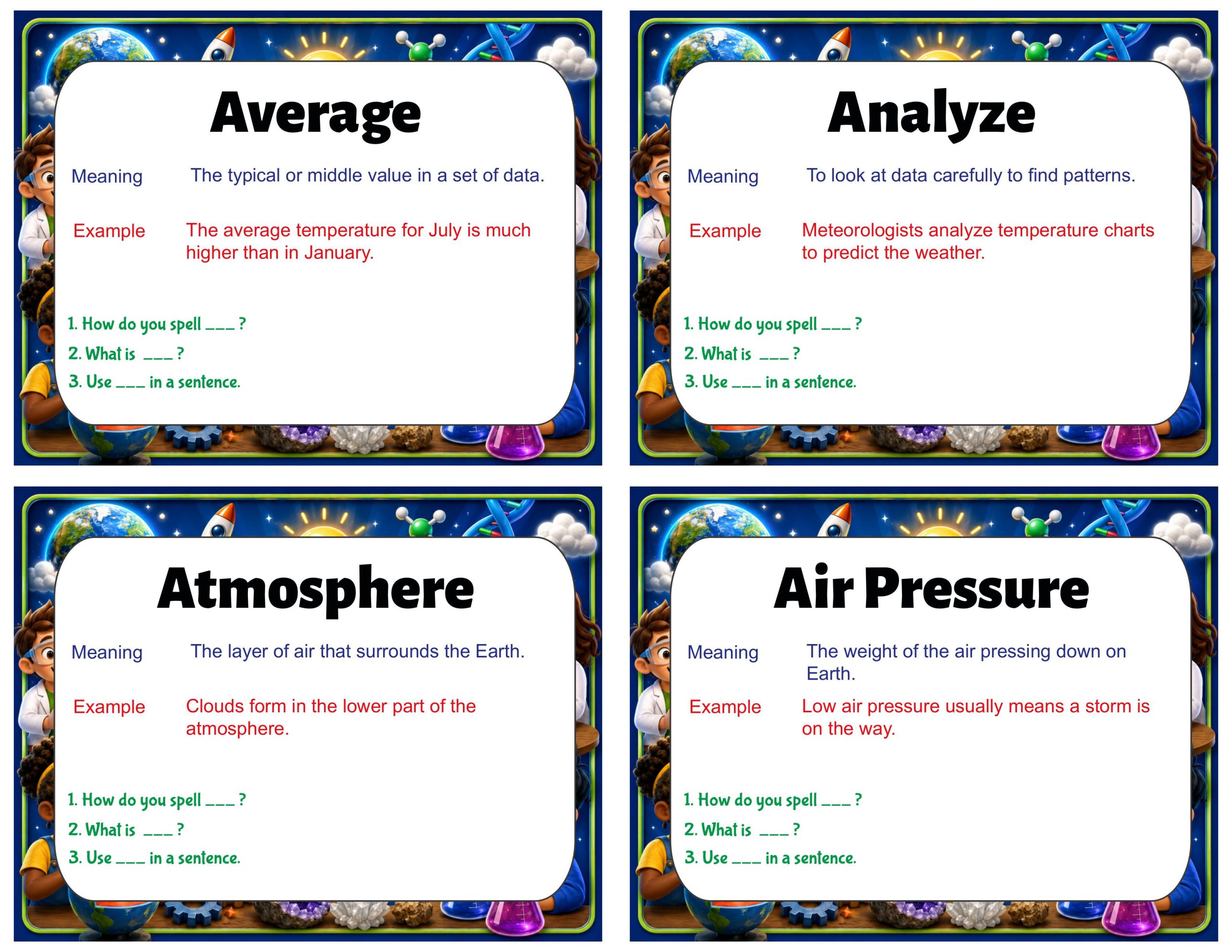 Grade 3 Science Vocabulary Cards | Weather and Climate | Weather Tools & Patterns