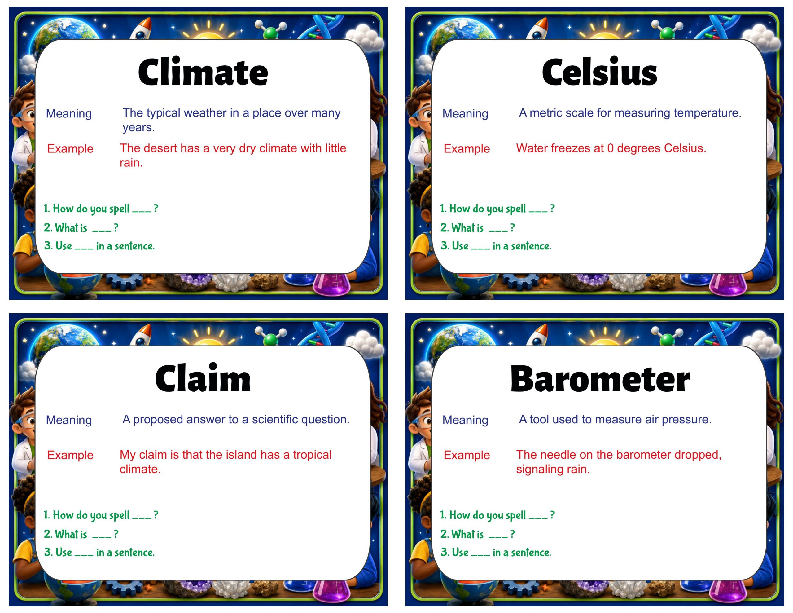 Grade 3 Science Vocabulary Cards | Weather and Climate | Weather Tools & Patterns