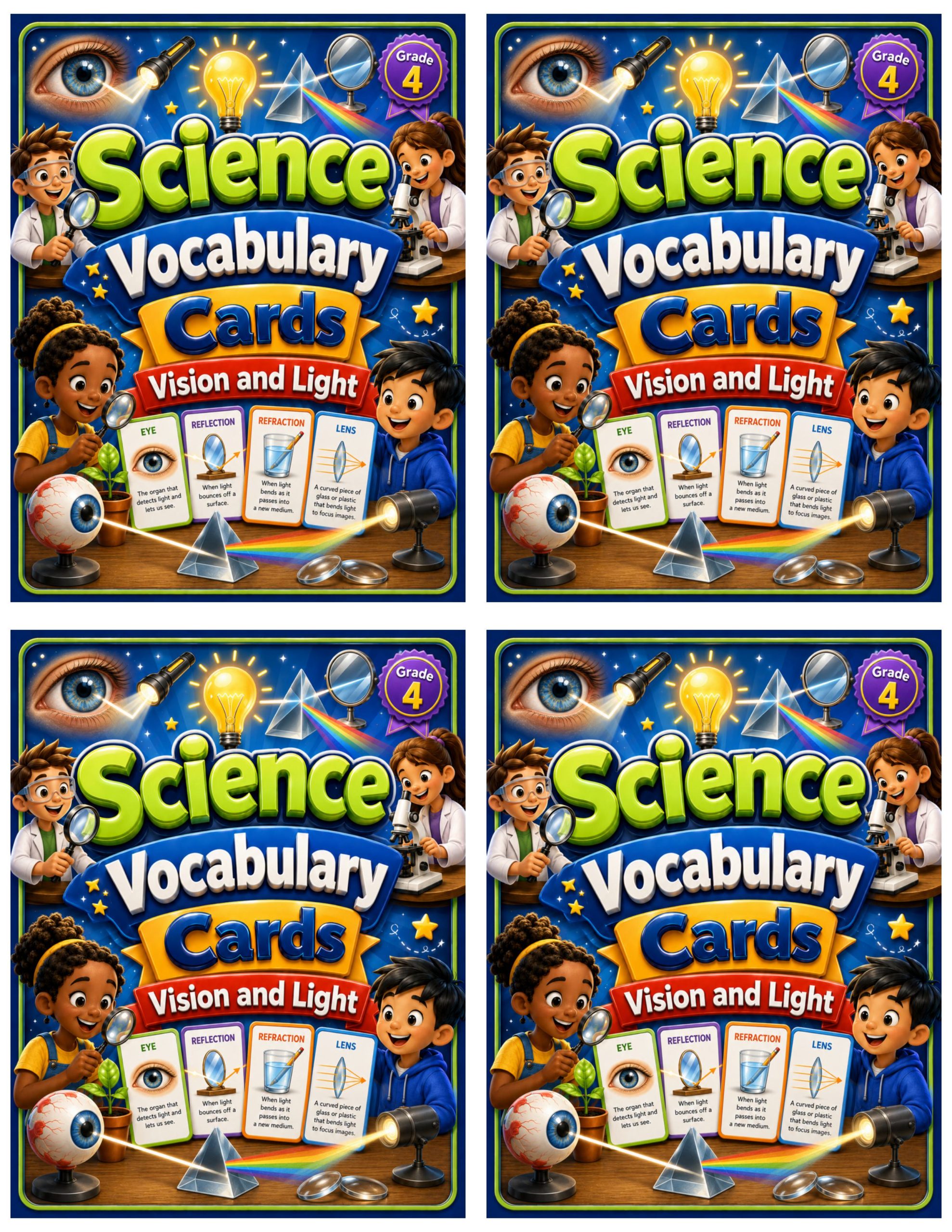 Grade 4 Science Vocabulary Cards | Vision and Light | Light, Eyes & Reflection Vocabulary