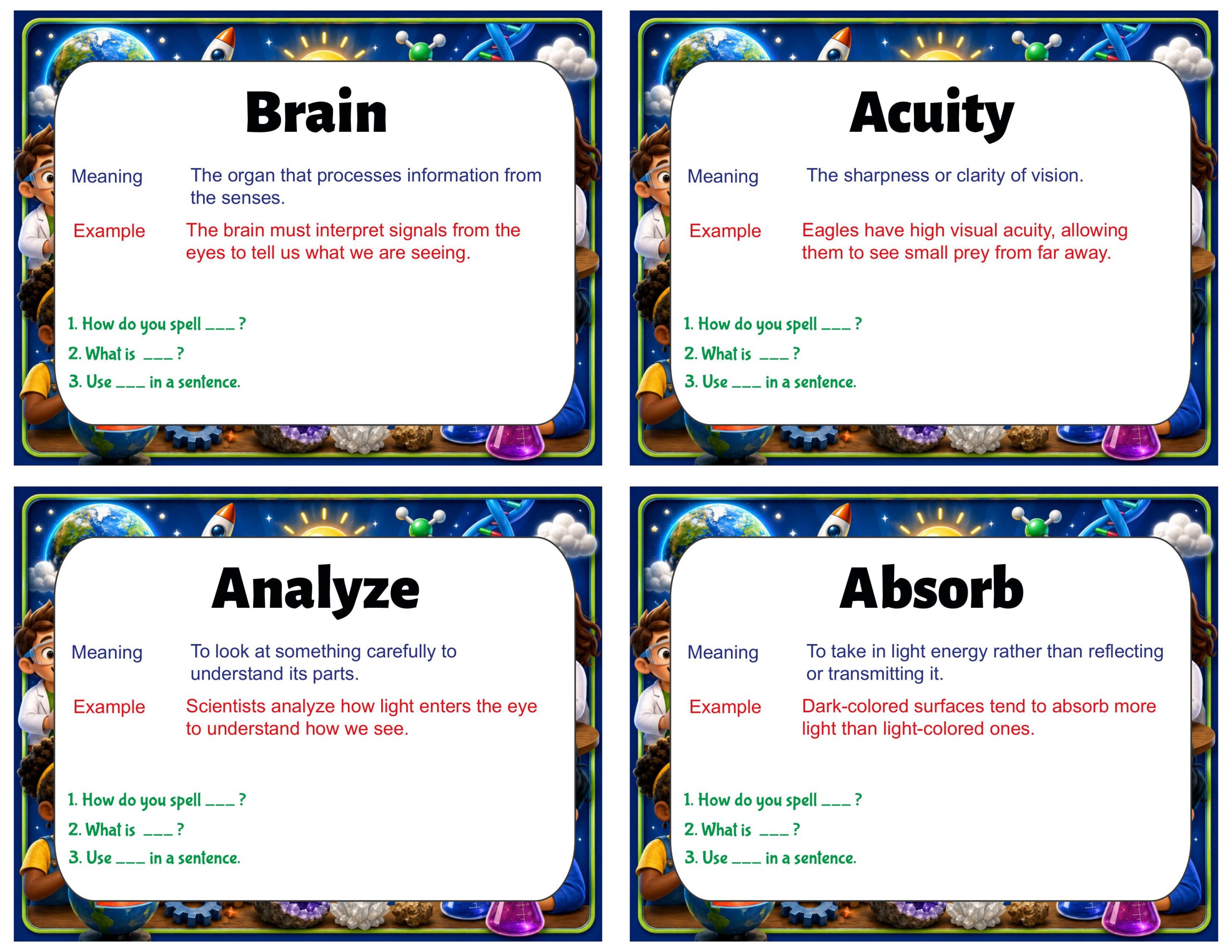 Grade 4 Science Vocabulary Cards | Vision and Light | Light, Eyes & Reflection Vocabulary