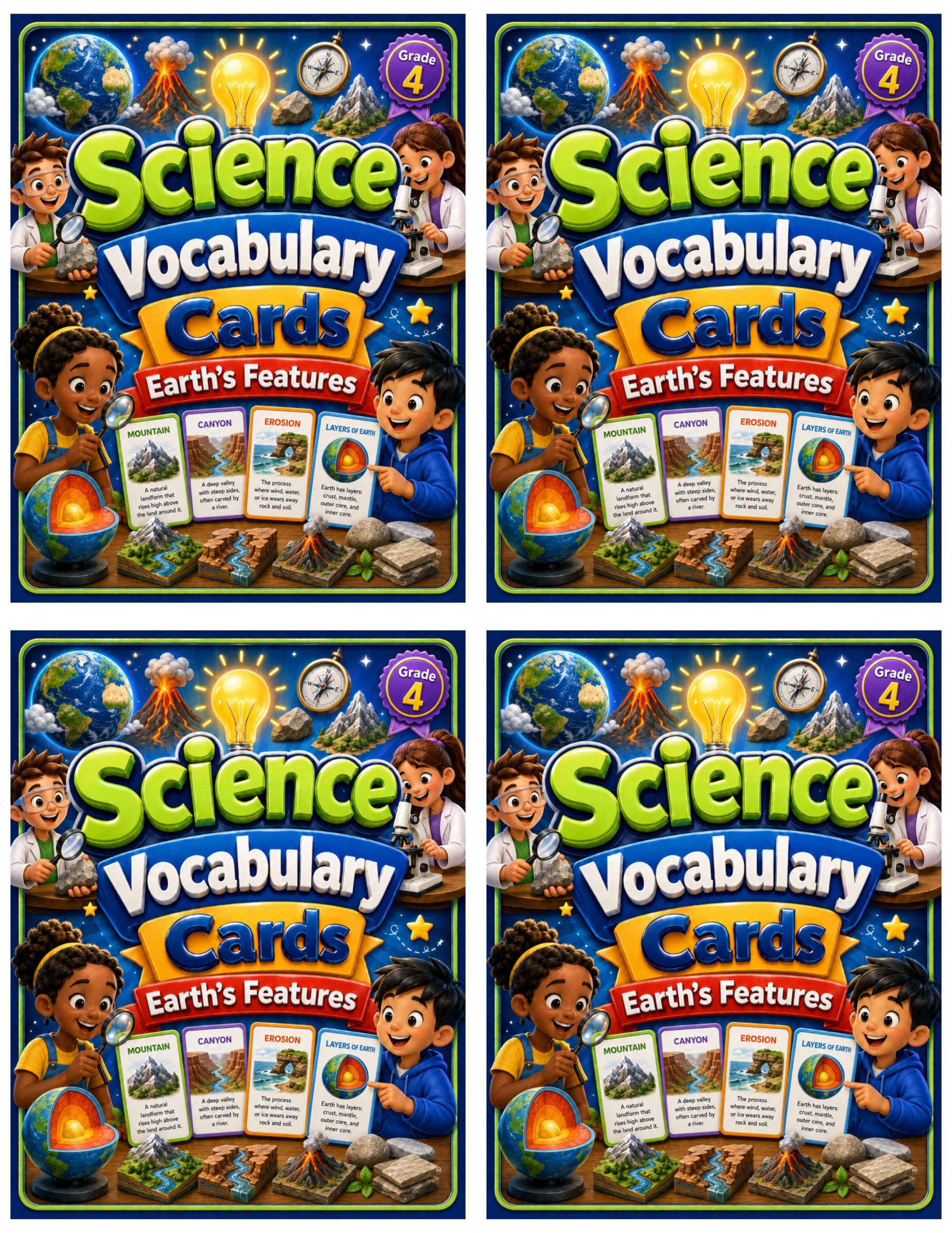 Grade 4 Science Vocabulary Cards | Earth’s Features | Rocks, Weathering & Erosion