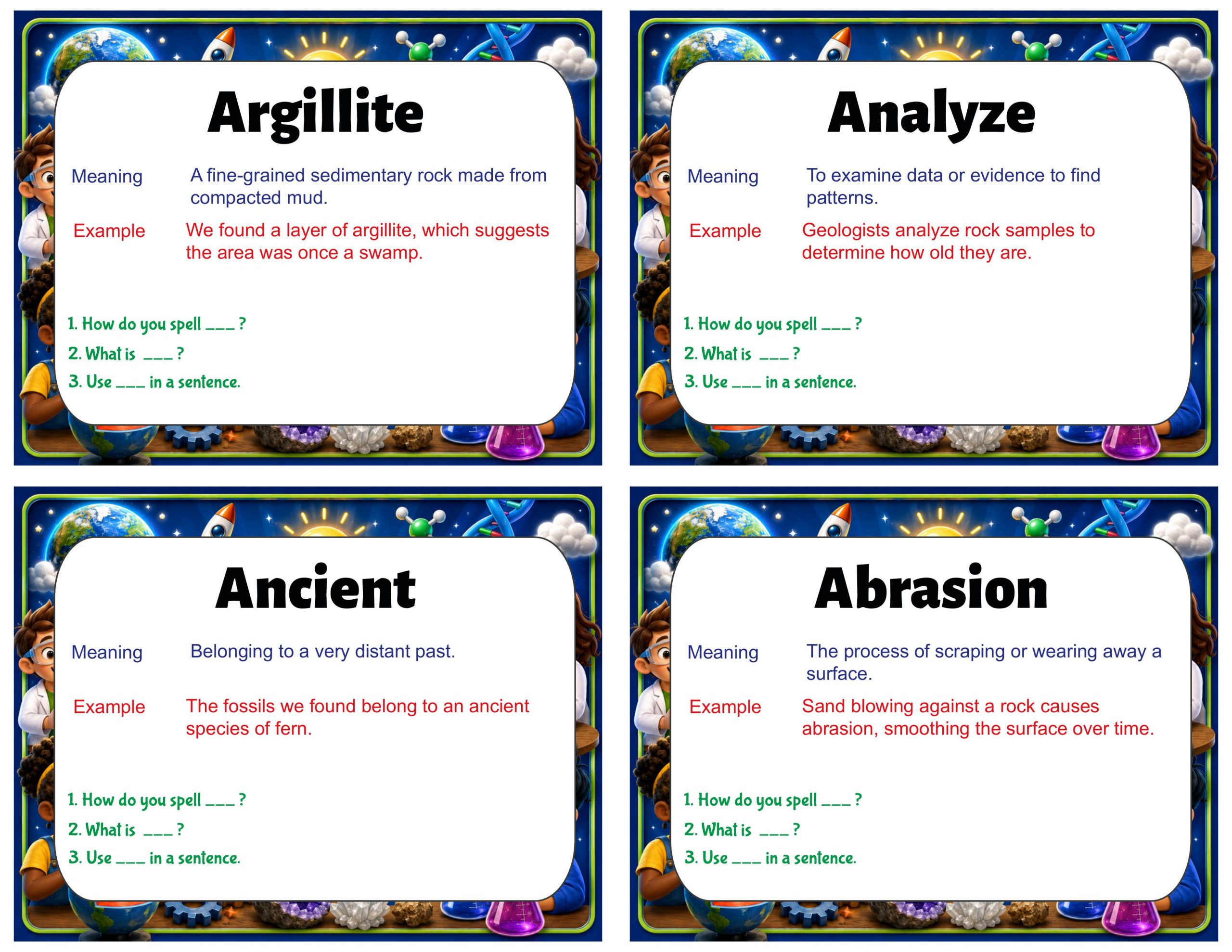 Grade 4 Science Vocabulary Cards | Earth’s Features | Rocks, Weathering & Erosion