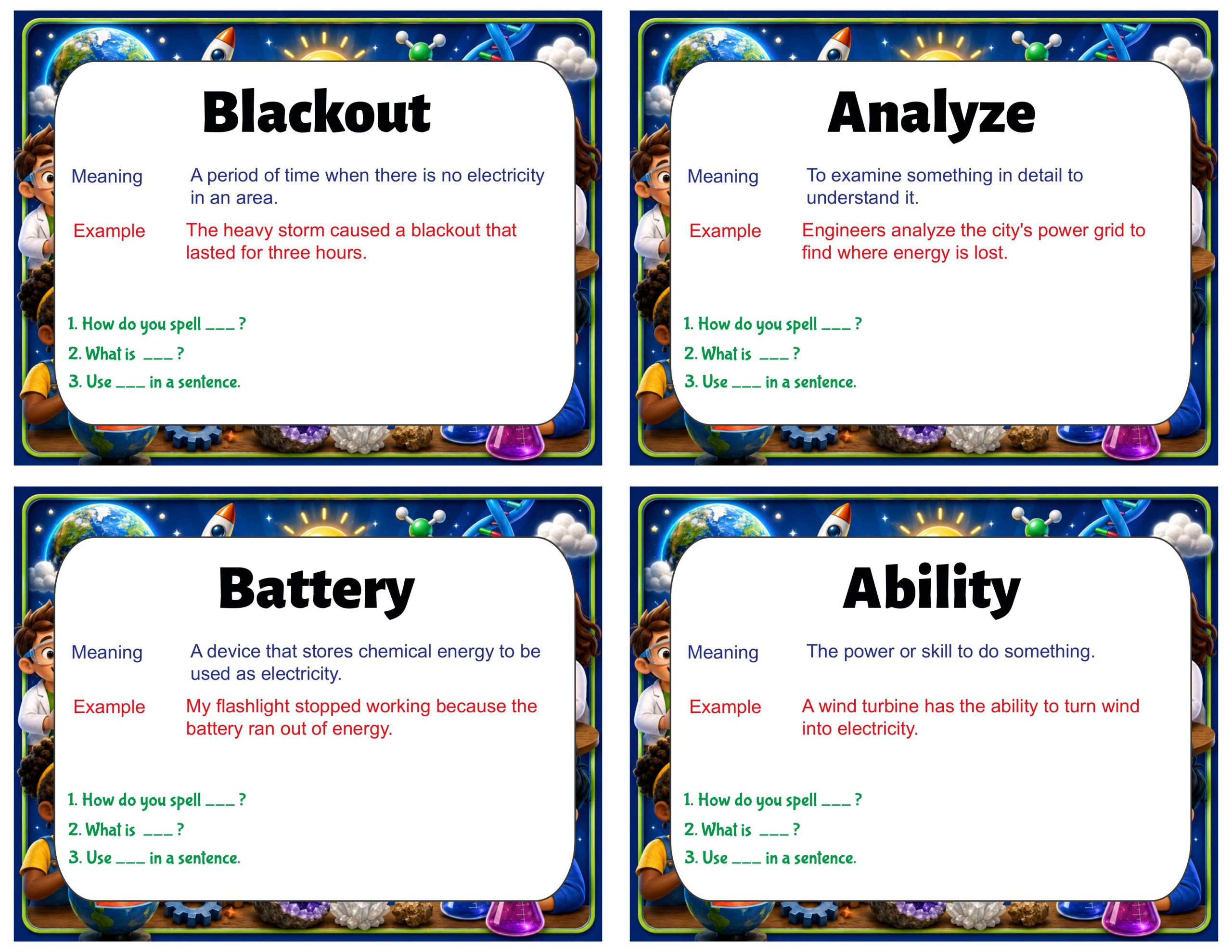 Grade 4 Science Vocabulary Cards | Energy Conversions | Energy Transfer & Electricity