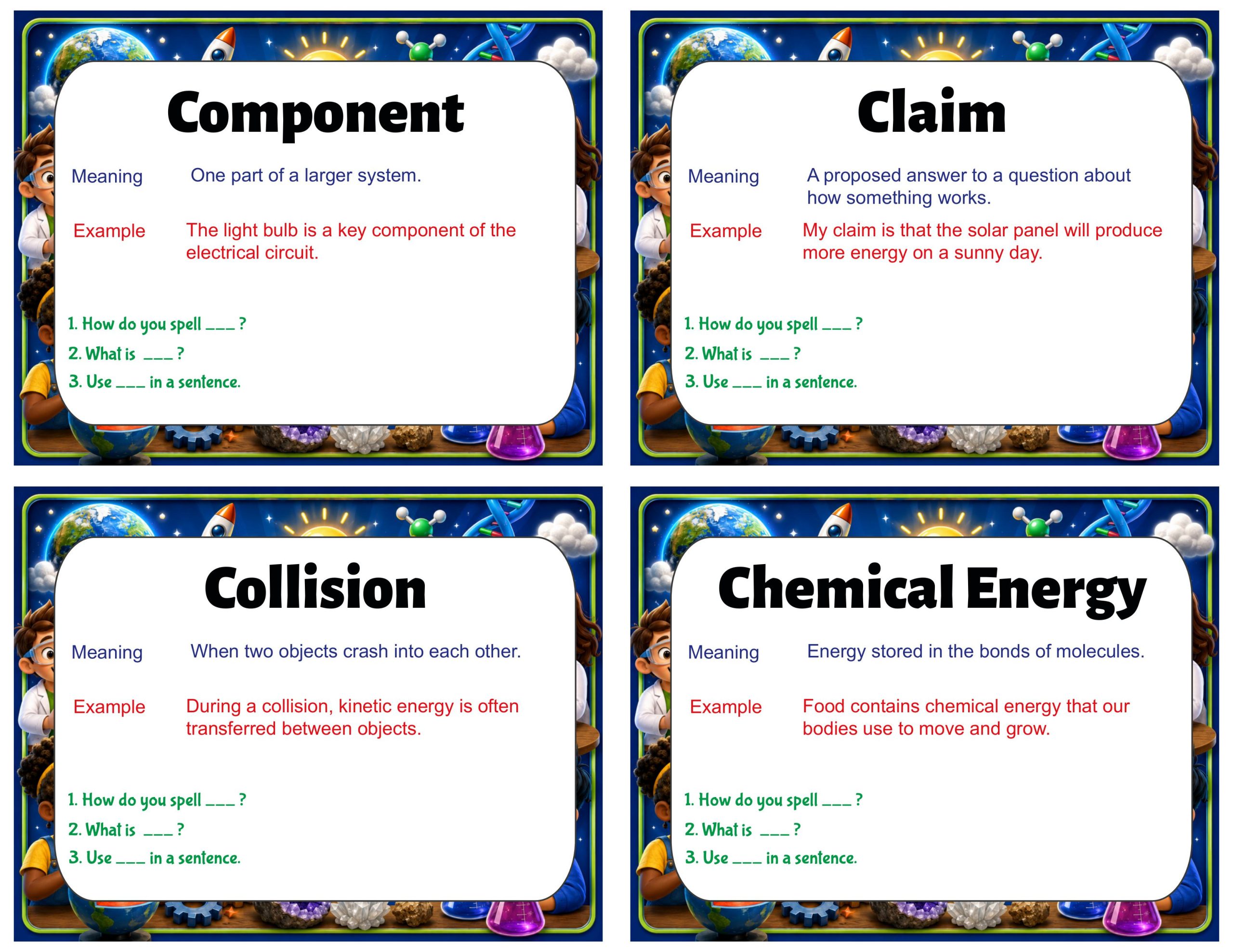 Grade 4 Science Vocabulary Cards | Energy Conversions | Energy Transfer & Electricity