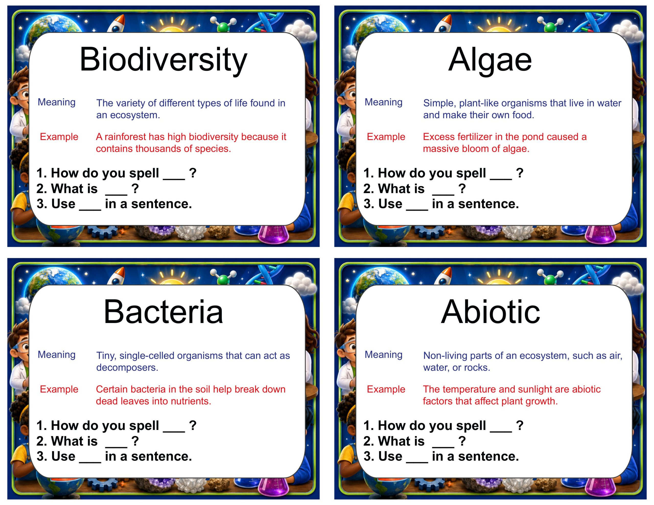 Grade 5 Science Vocabulary Cards | Ecosystem Restoration | Food Webs & Ecosystems