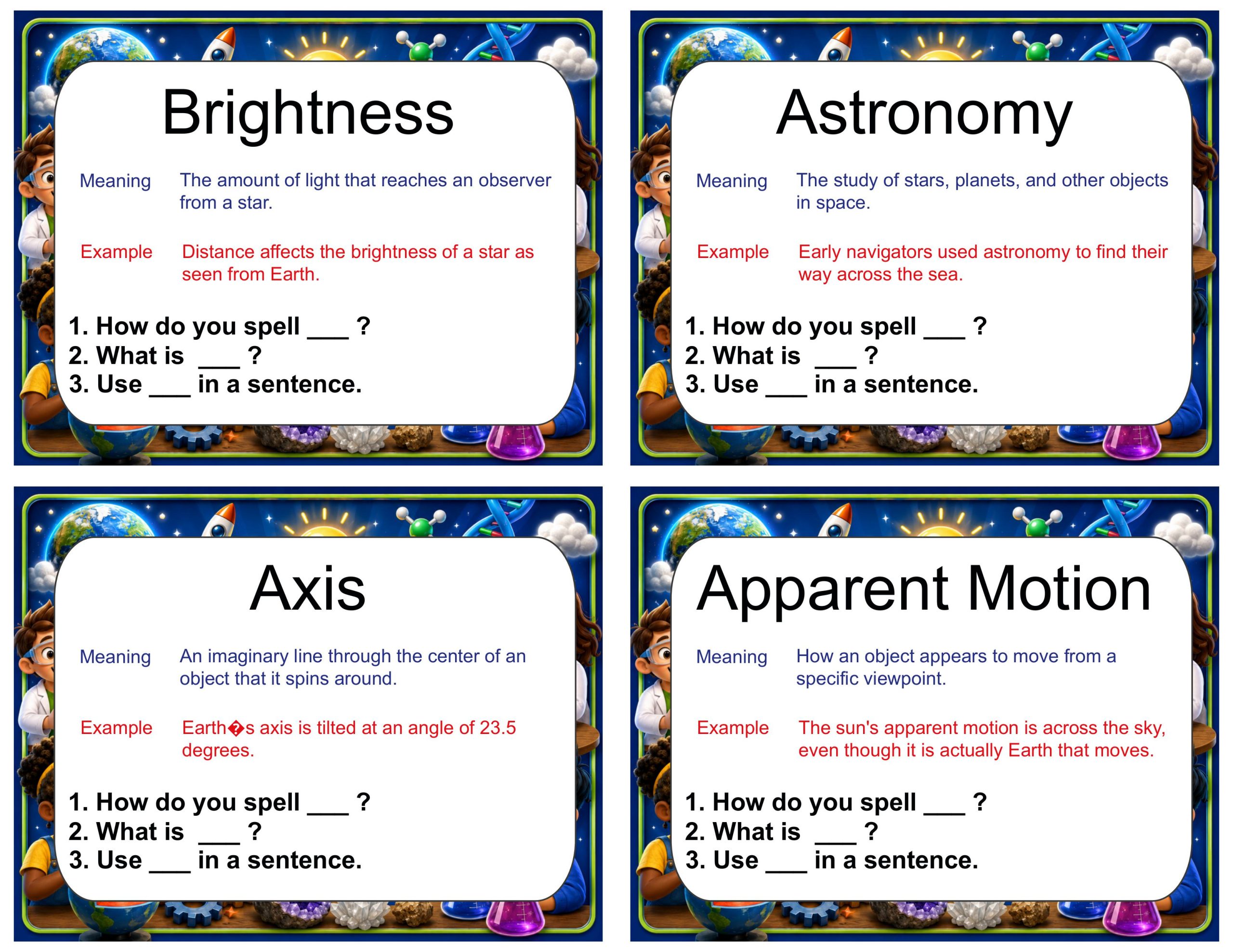 Grade 5 Science Vocabulary Cards | Patterns of Earth and Sky | Earth, Sun & Stars