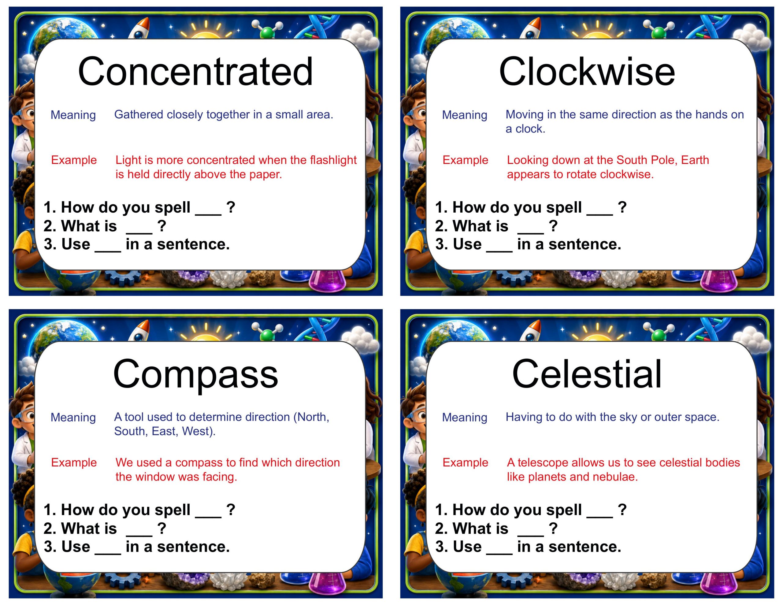 Grade 5 Science Vocabulary Cards | Patterns of Earth and Sky | Earth, Sun & Stars