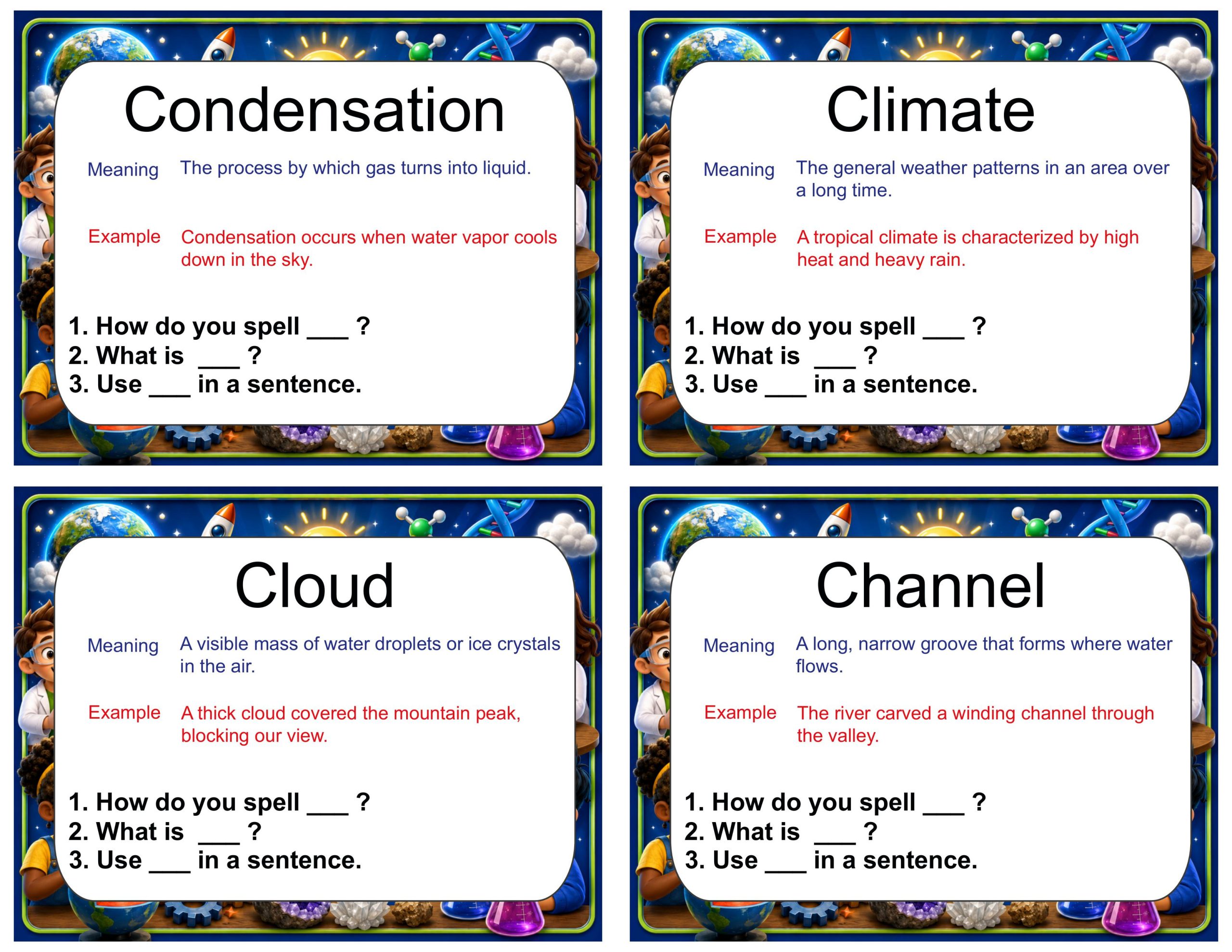 Grade 5 Science Vocabulary Cards | The Earth System | Earth’s Spheres & Water Cycle