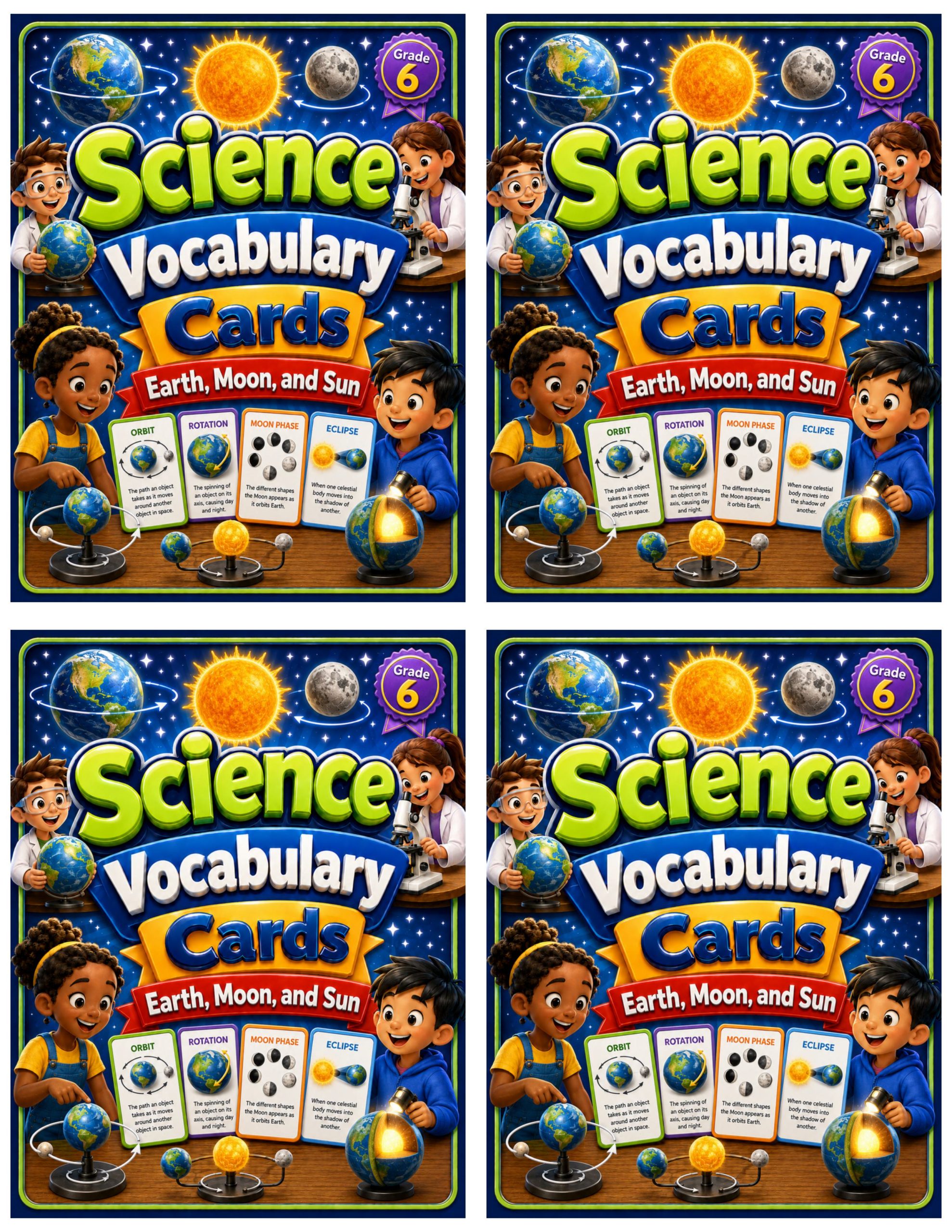 Grade 6 Science Vocabulary Cards | Earth, Moon, and Sun | Moon Phases & Eclipses