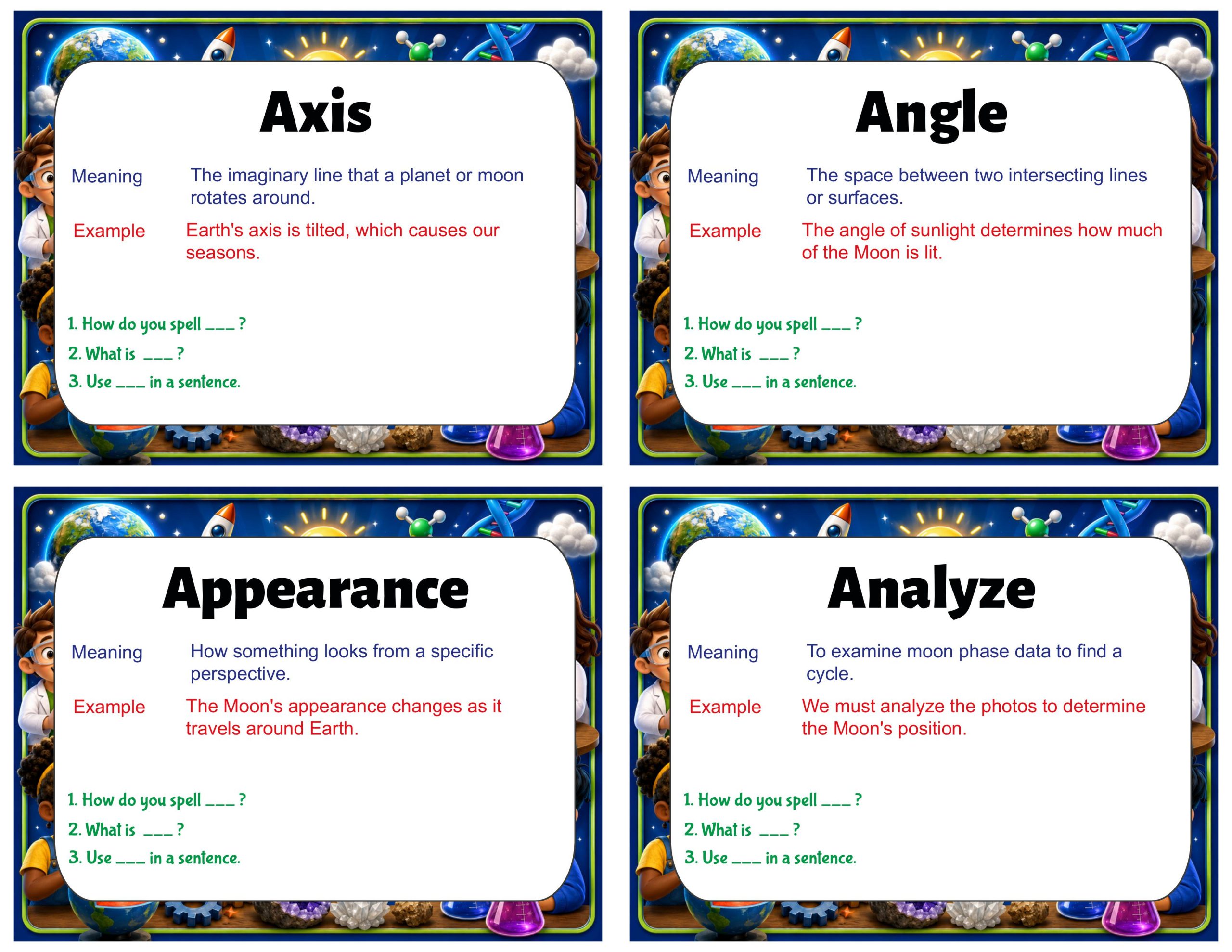 Grade 6 Science Vocabulary Cards | Earth, Moon, and Sun | Moon Phases & Eclipses