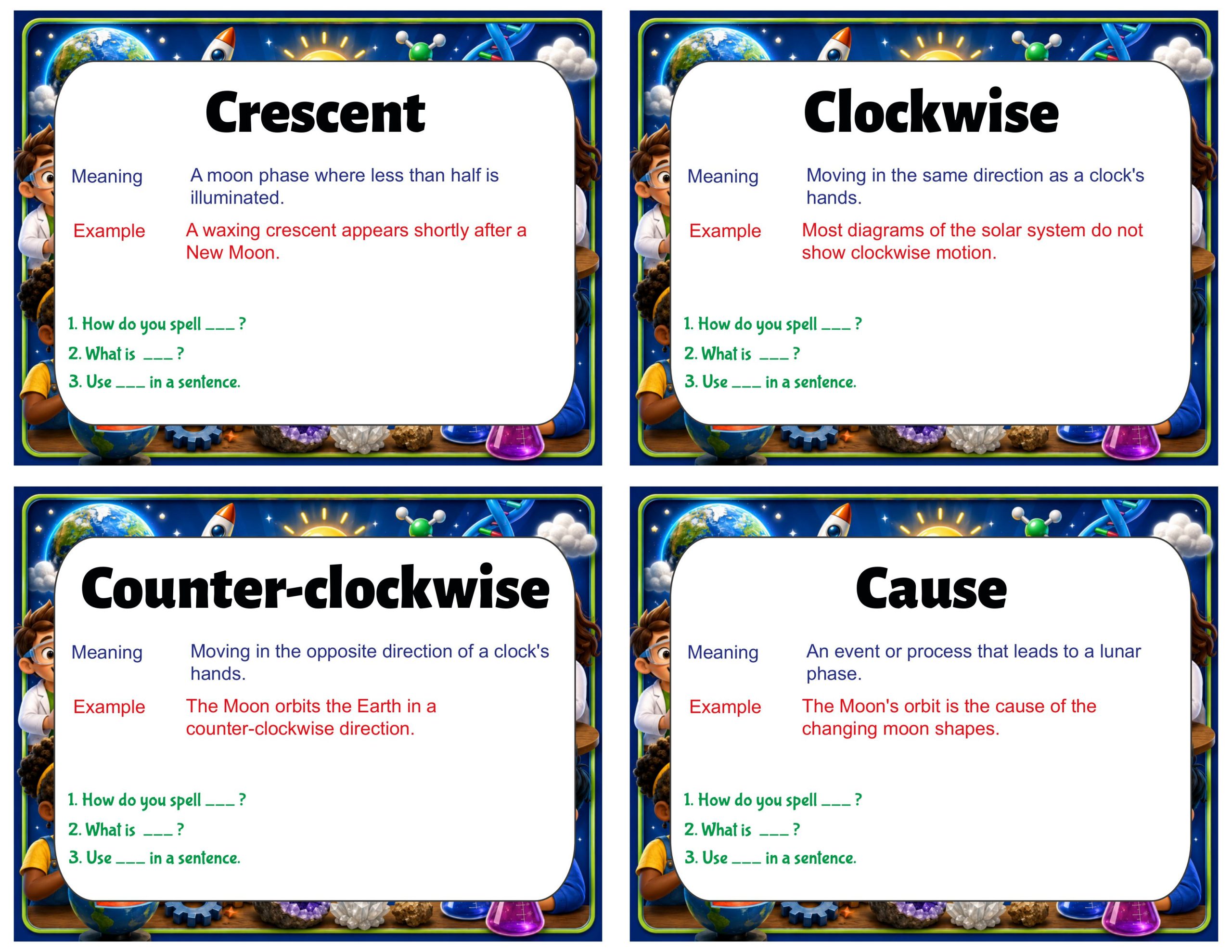 Grade 6 Science Vocabulary Cards | Earth, Moon, and Sun | Moon Phases & Eclipses