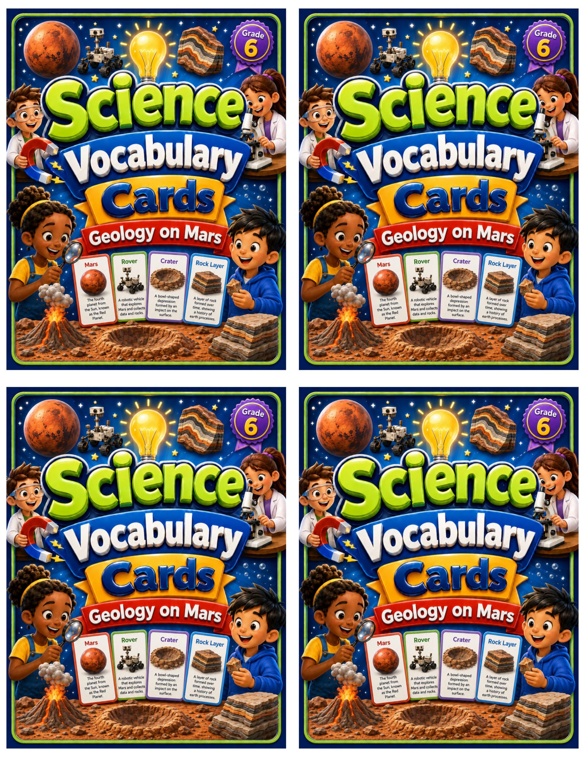 Grade 6 Science Vocabulary Cards | Geology on Mars | Landforms, Rocks & Evidence