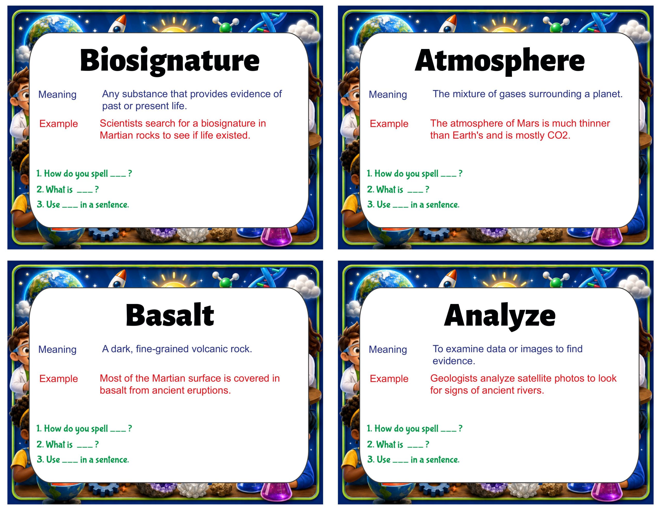 Grade 6 Science Vocabulary Cards | Geology on Mars | Landforms, Rocks & Evidence