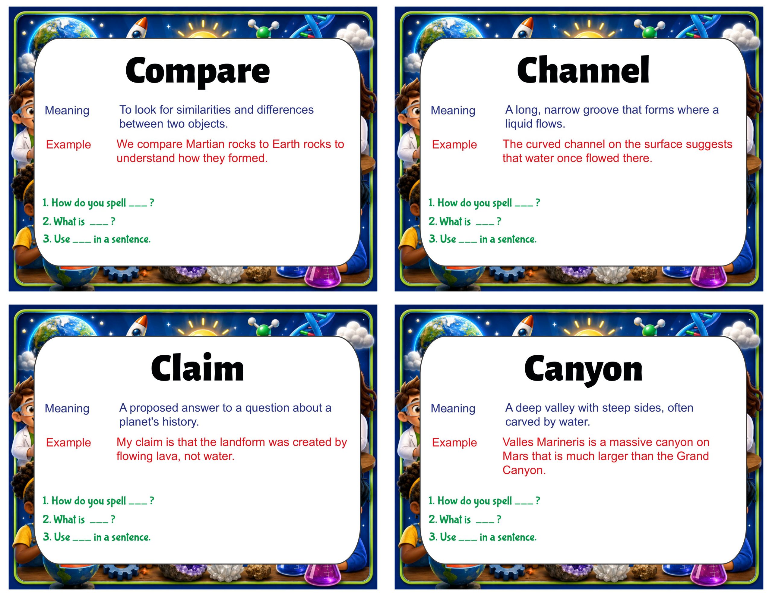Grade 6 Science Vocabulary Cards | Geology on Mars | Landforms, Rocks & Evidence