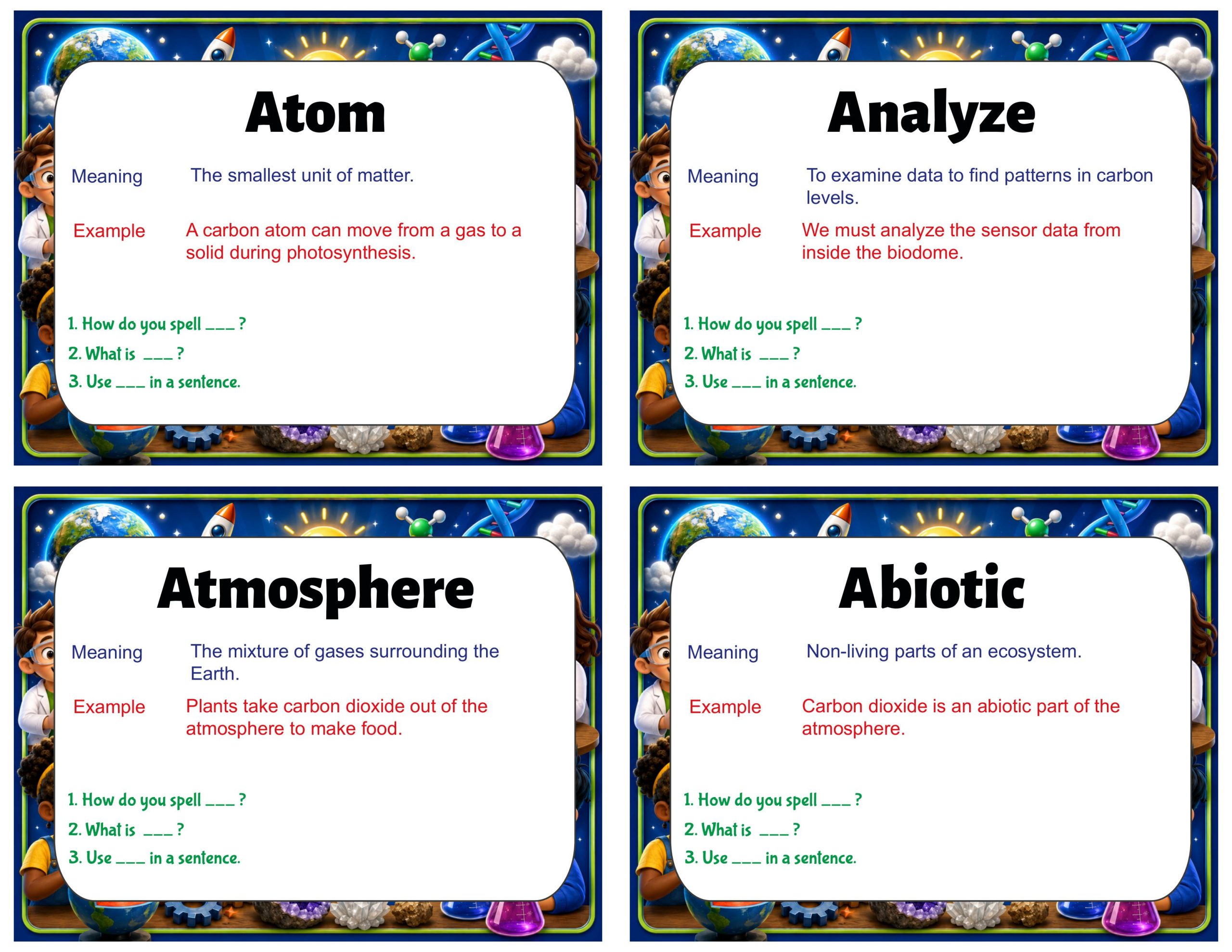 Grade 6 Science Vocabulary Cards | Matter and Energy in Ecosystems | Photosynthesis & Carbon Cycle