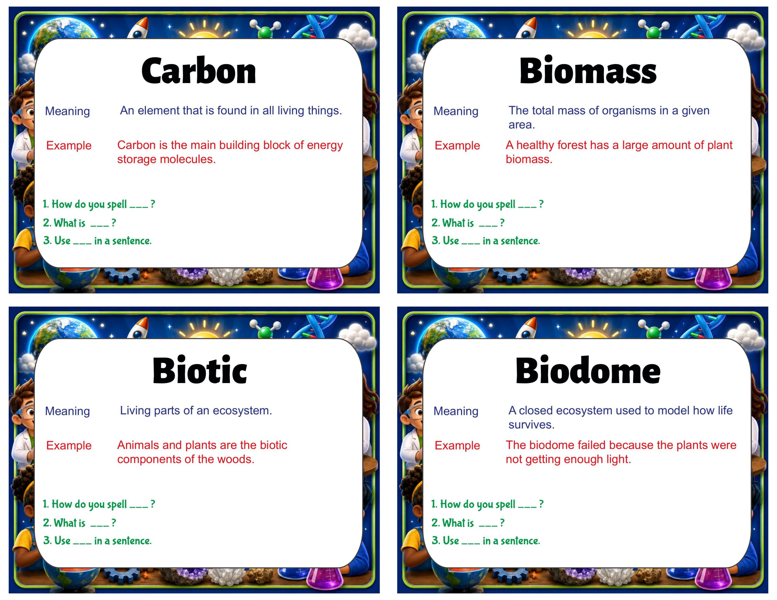 Grade 6 Science Vocabulary Cards | Matter and Energy in Ecosystems | Photosynthesis & Carbon Cycle