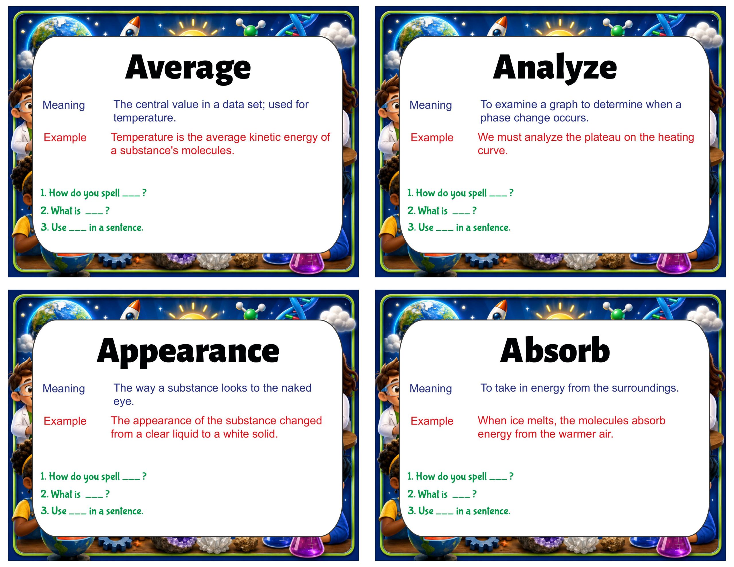Grade 6 Science Vocabulary Cards | Phase Change | States of Matter & Energy Transfer