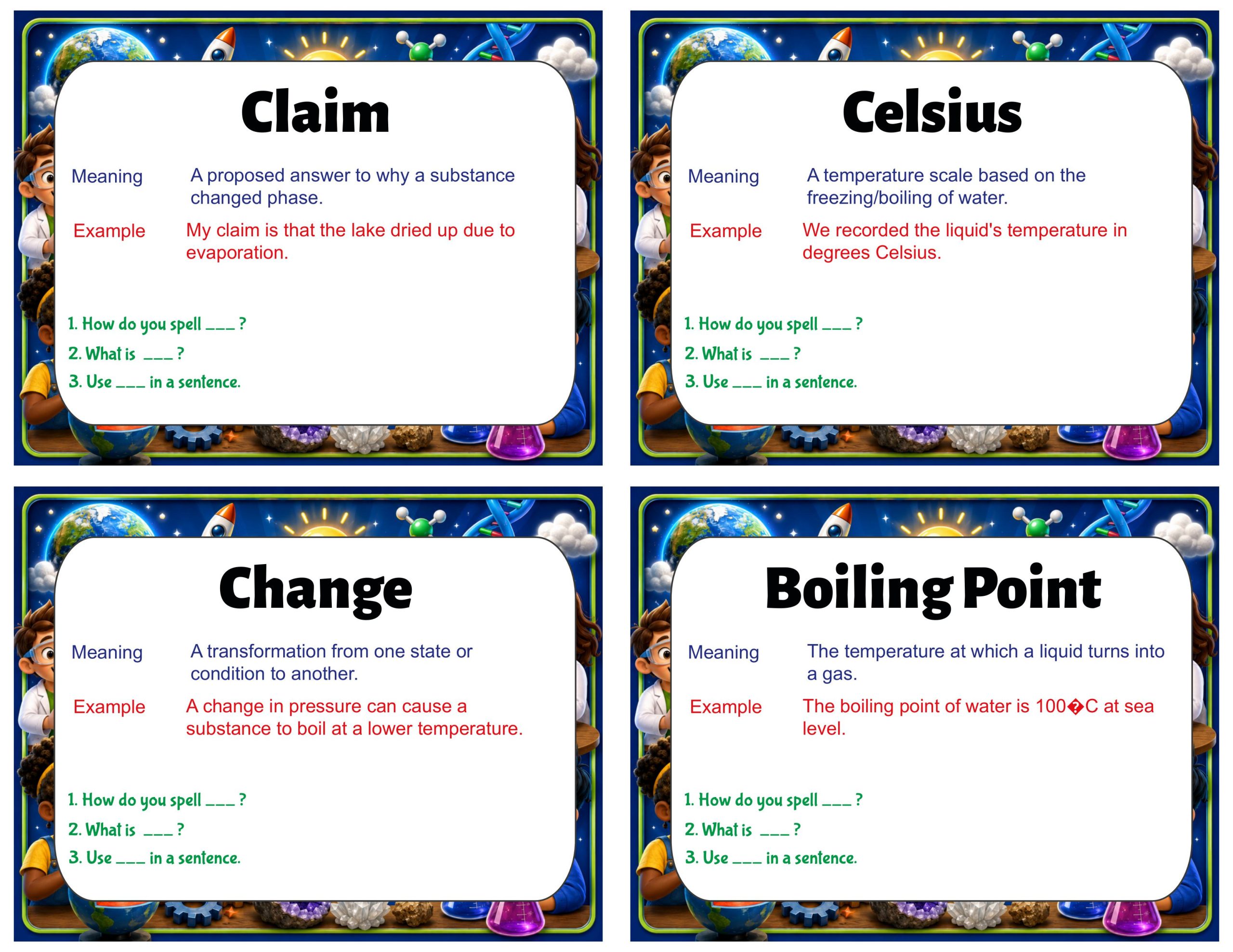 Grade 6 Science Vocabulary Cards | Phase Change | States of Matter & Energy Transfer