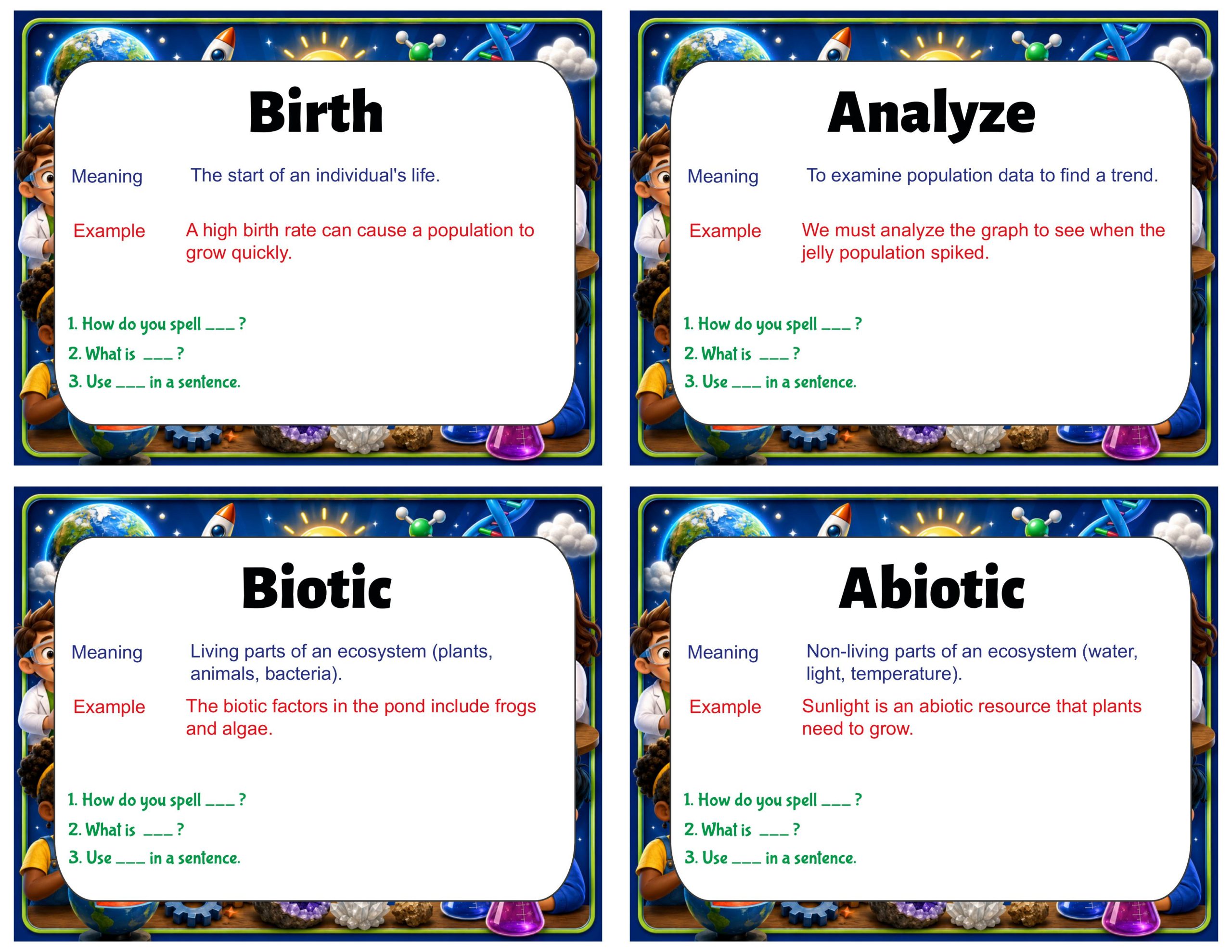Grade 6 Science Vocabulary Cards | Populations and Resources | Ecosystems & Food Webs