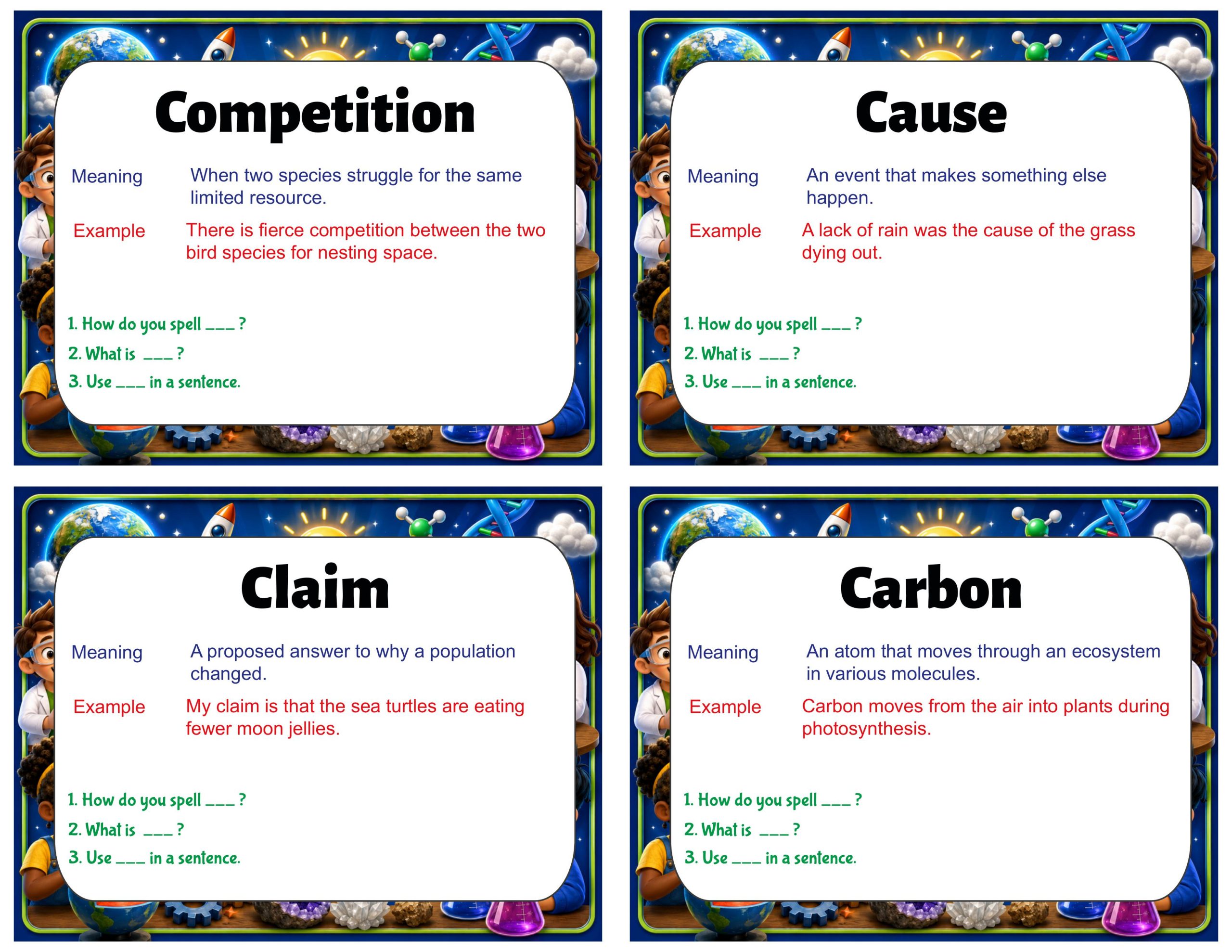Grade 6 Science Vocabulary Cards | Populations and Resources | Ecosystems & Food Webs