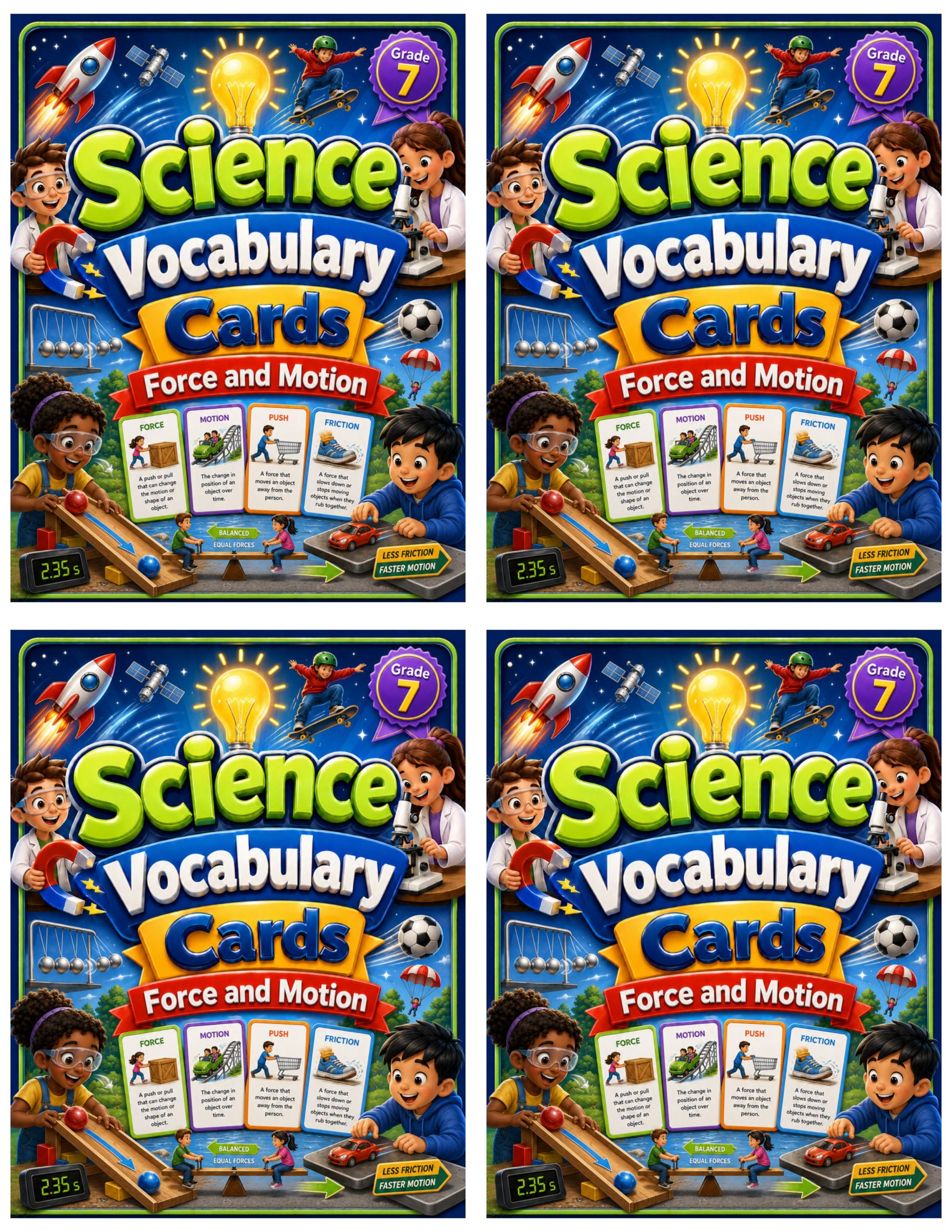 Grade 7 Science Vocabulary Cards | Force and Motion | Newton’s Laws, Velocity & Acceleration