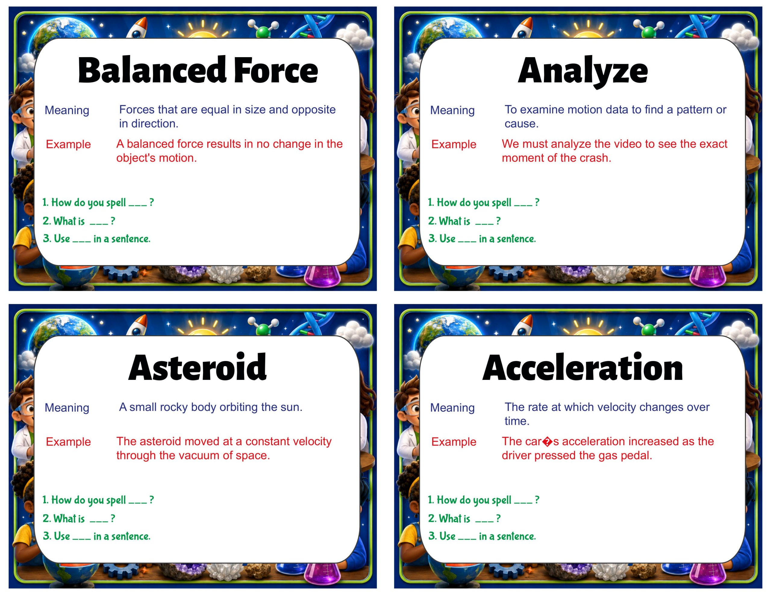Grade 7 Science Vocabulary Cards | Force and Motion | Newton’s Laws, Velocity & Acceleration