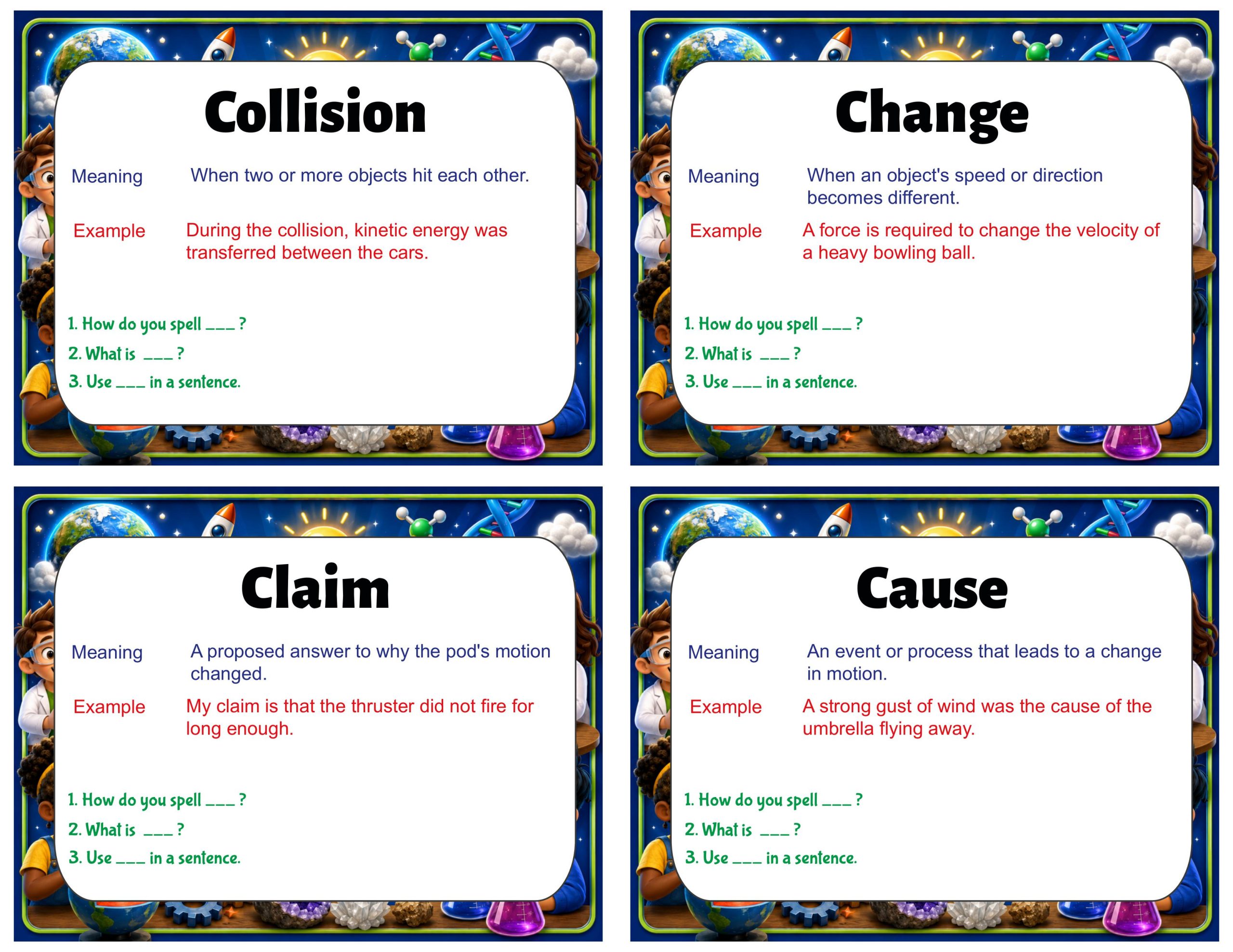 Grade 7 Science Vocabulary Cards | Force and Motion | Newton’s Laws, Velocity & Acceleration