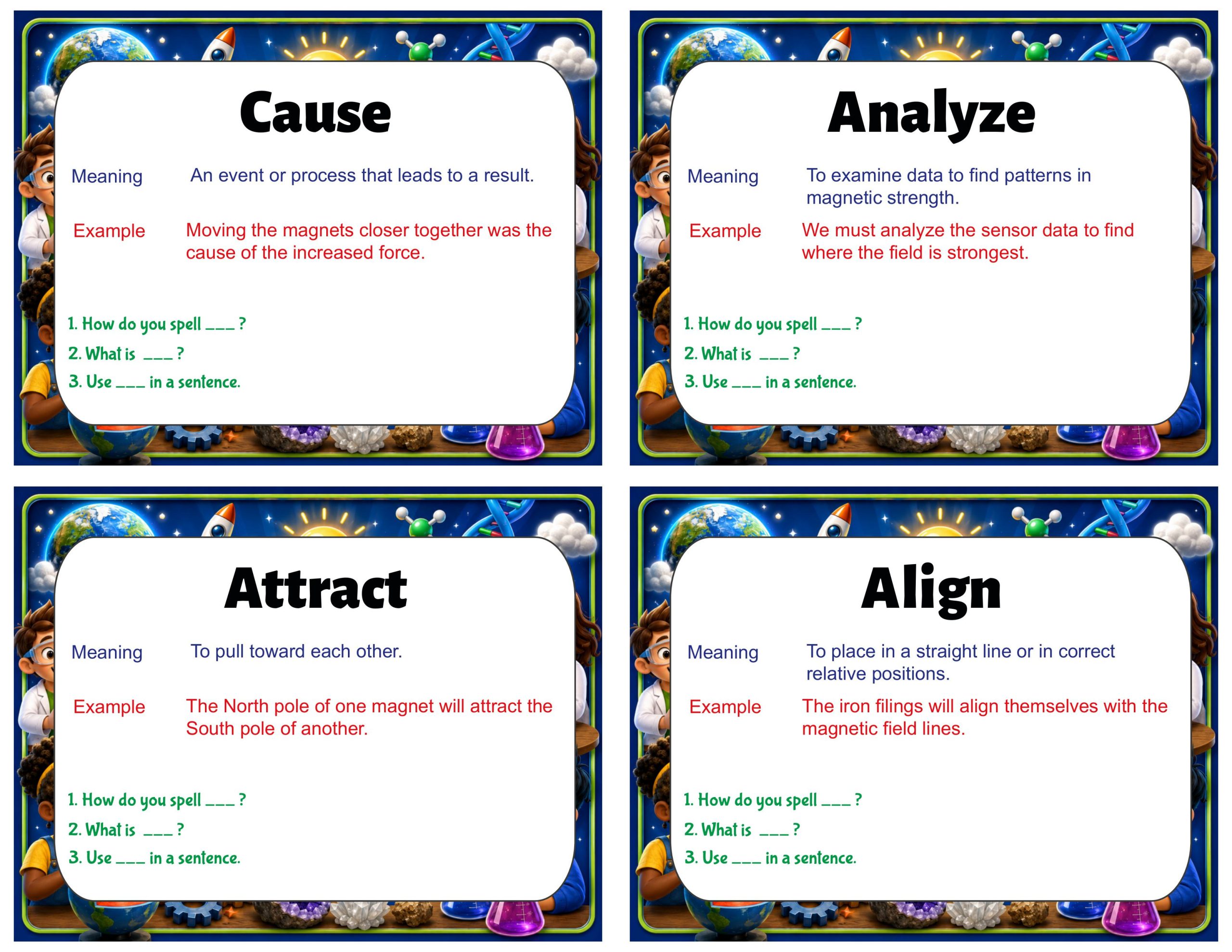 Grade 7 Science Vocabulary Cards | Magnetic Fields | Magnets, Forces & Energy