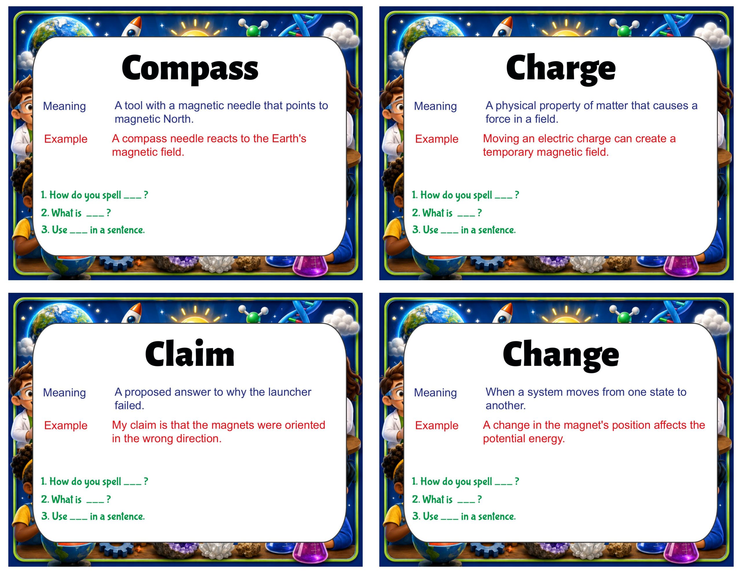 Grade 7 Science Vocabulary Cards | Magnetic Fields | Magnets, Forces & Energy