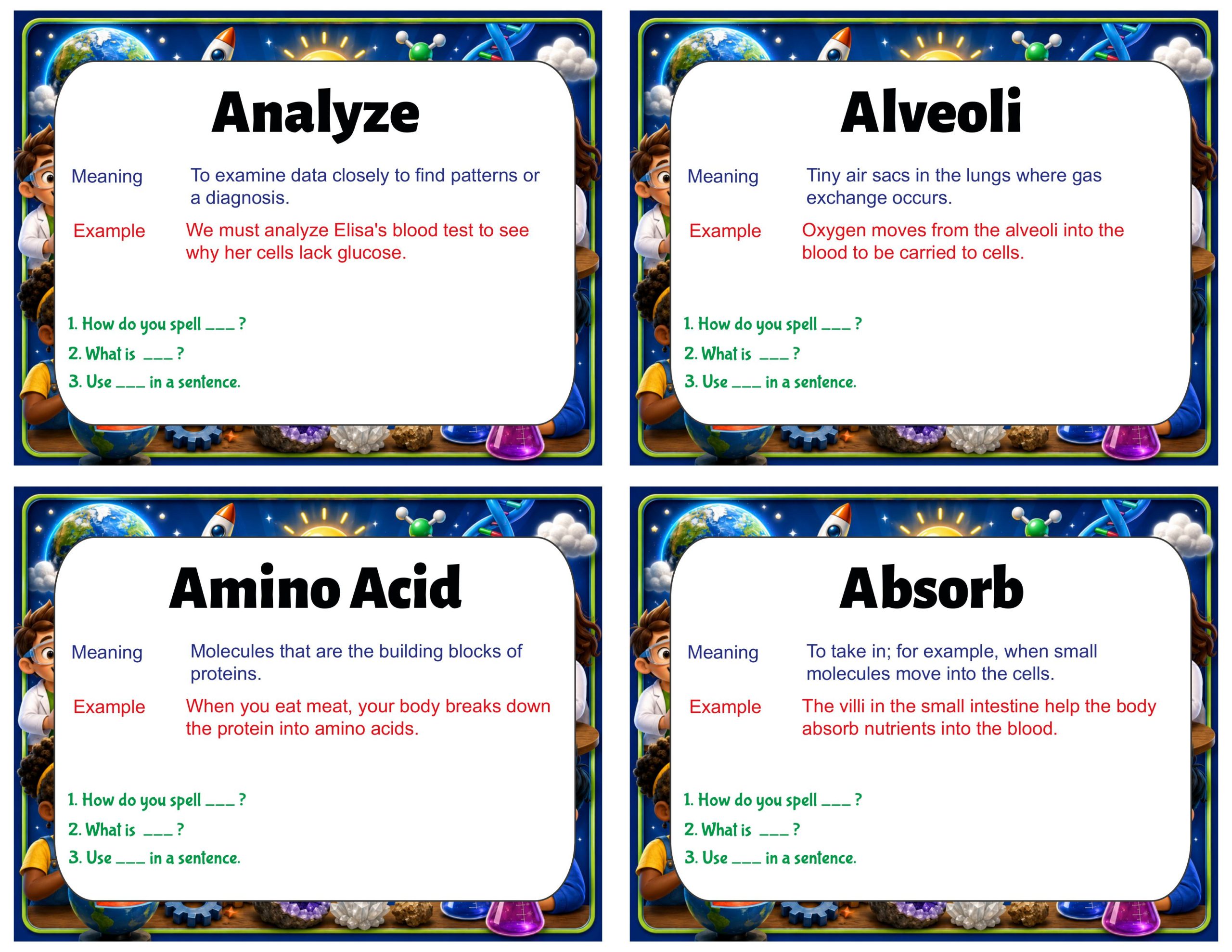 Grade 7 Science Vocabulary Cards | Metabolism | Body Systems, Cells & Energy