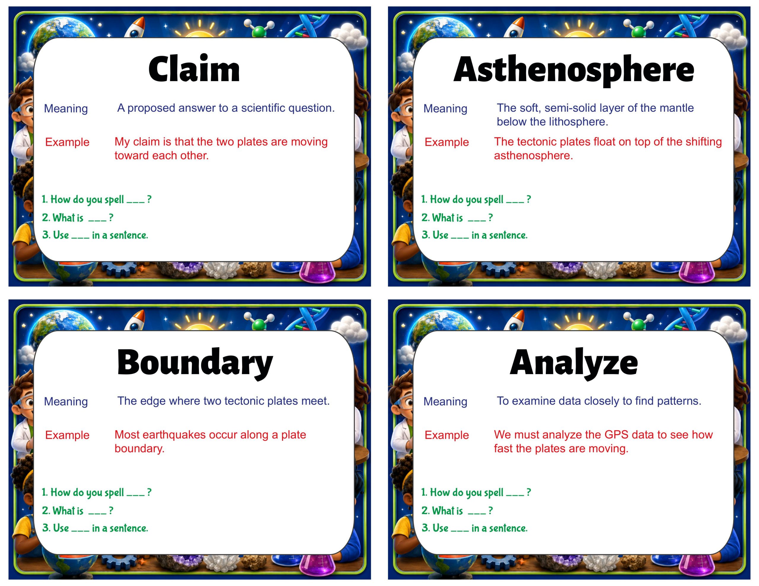 Grade 7 Science Vocabulary Cards | Plate Motion | Plate Tectonics, Earthquakes & Landforms
