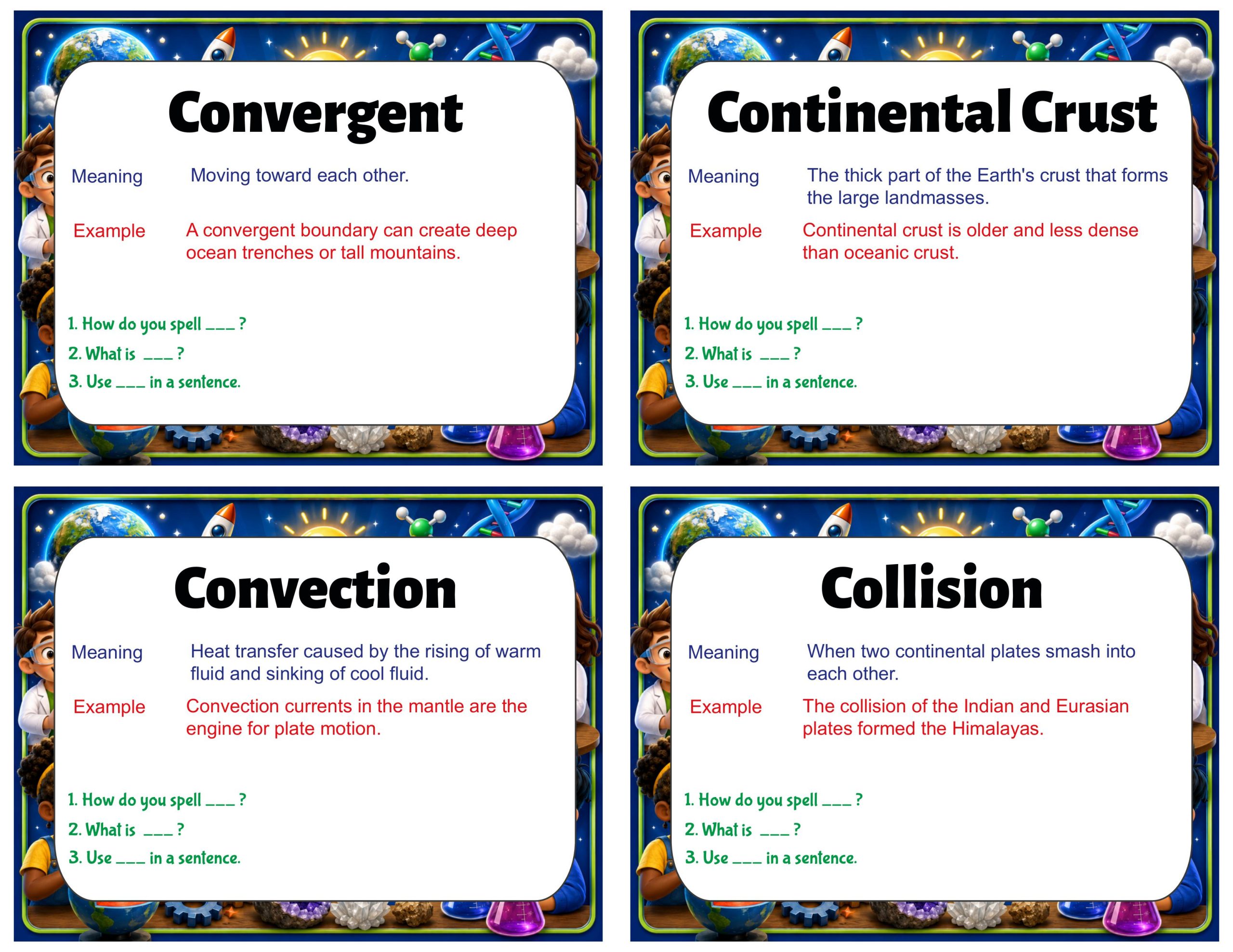 Grade 7 Science Vocabulary Cards | Plate Motion | Plate Tectonics, Earthquakes & Landforms