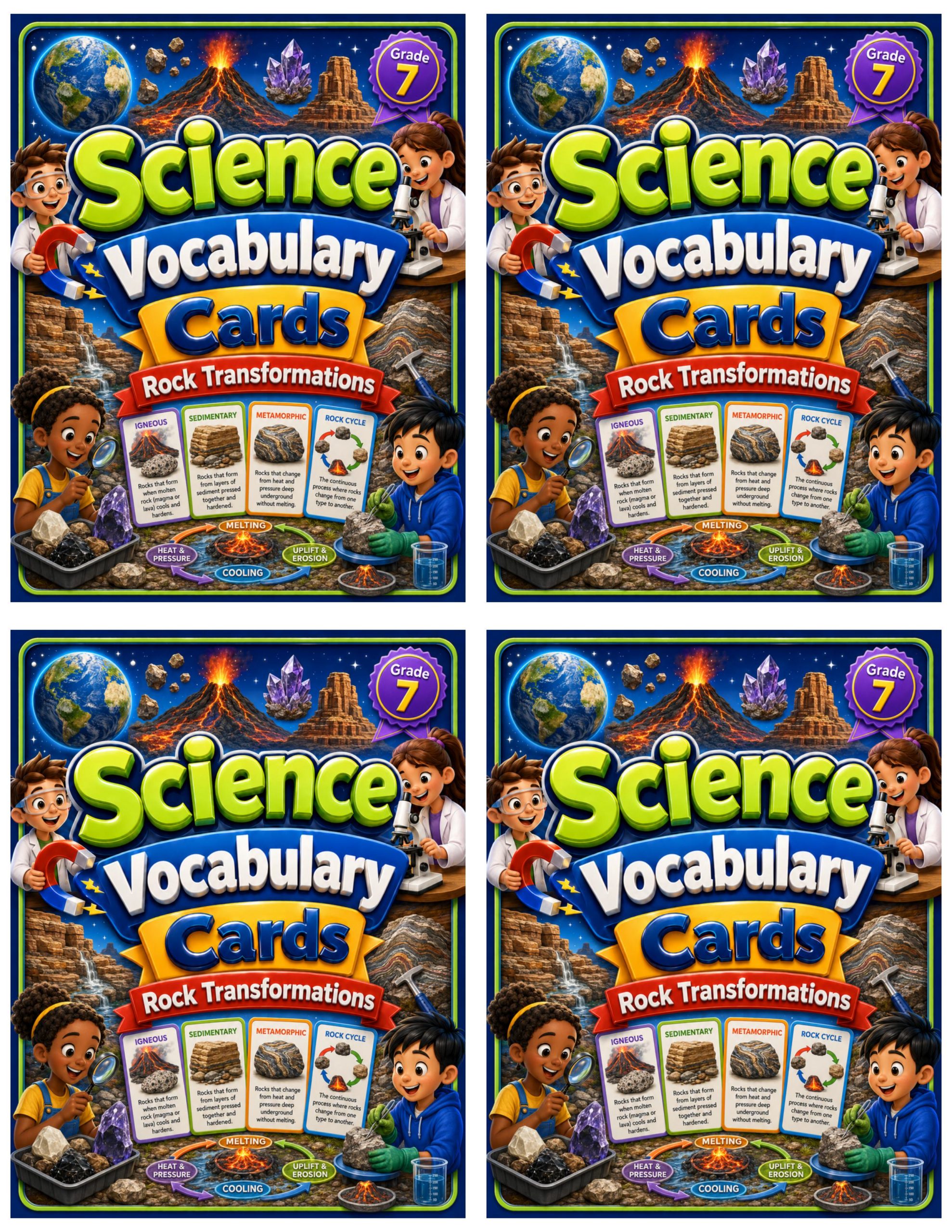 Grade 7 Science Vocabulary Cards | Rock Transformations | Rock Cycle, Heat & Pressure