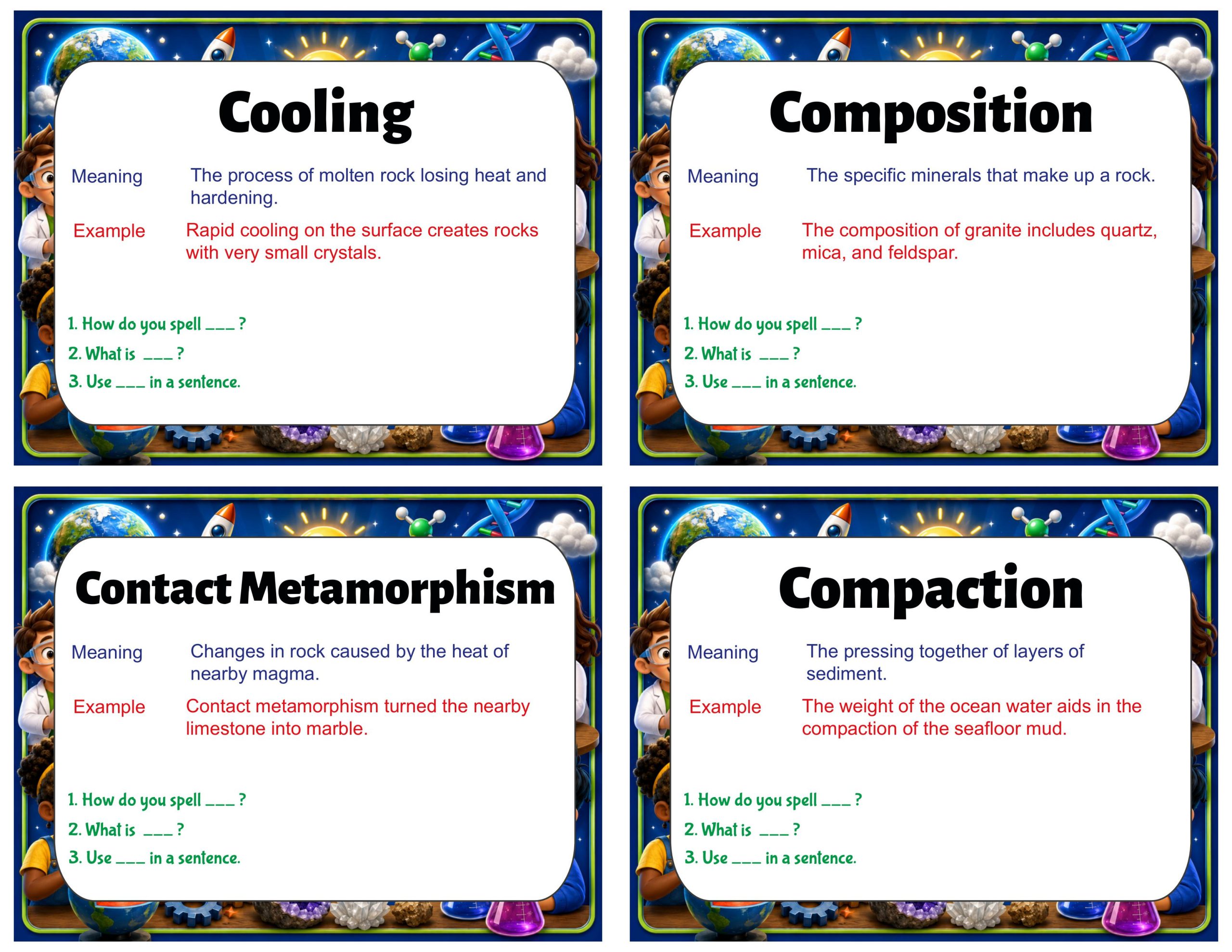 Grade 7 Science Vocabulary Cards | Rock Transformations | Rock Cycle, Heat & Pressure